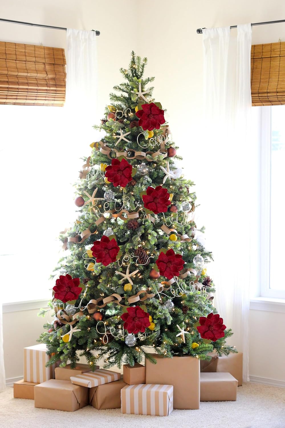Briful Set of 3 Artificial Christmas Magnolias Flowers – 30’’ Long Stem Faux Magnolia Stems for Tree Ornaments, Holiday Centerpieces & Christmas Decor,Dark Red