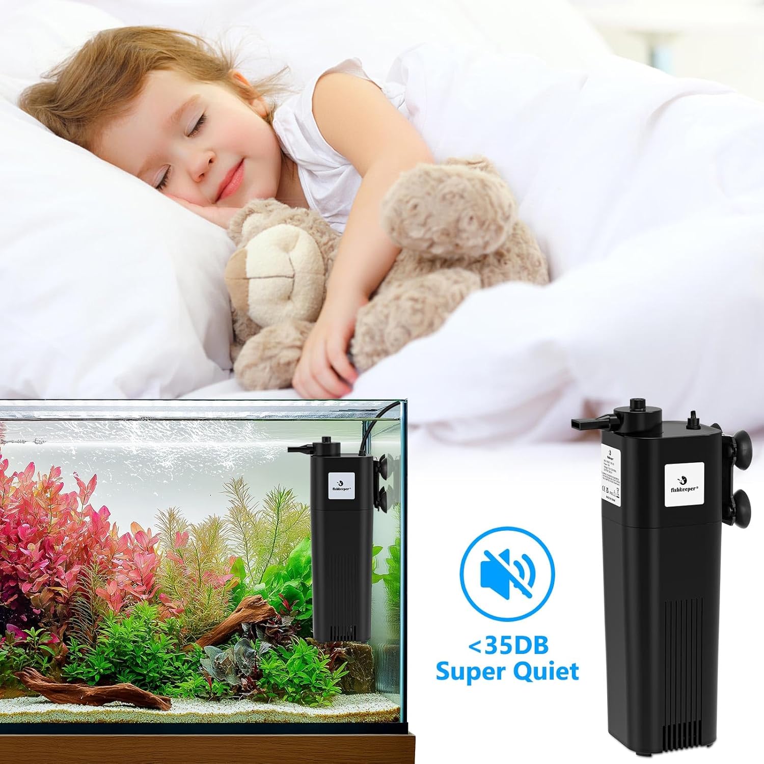 fishkeeper Aquarium Filter U-V for 10-75 Gallon, 132 GPH Fish Tank Filter for Green Water and Algae Clean, Ultra Silent Submersible Pump Filter with Adjustable Bubble Output for Deodorization Killing