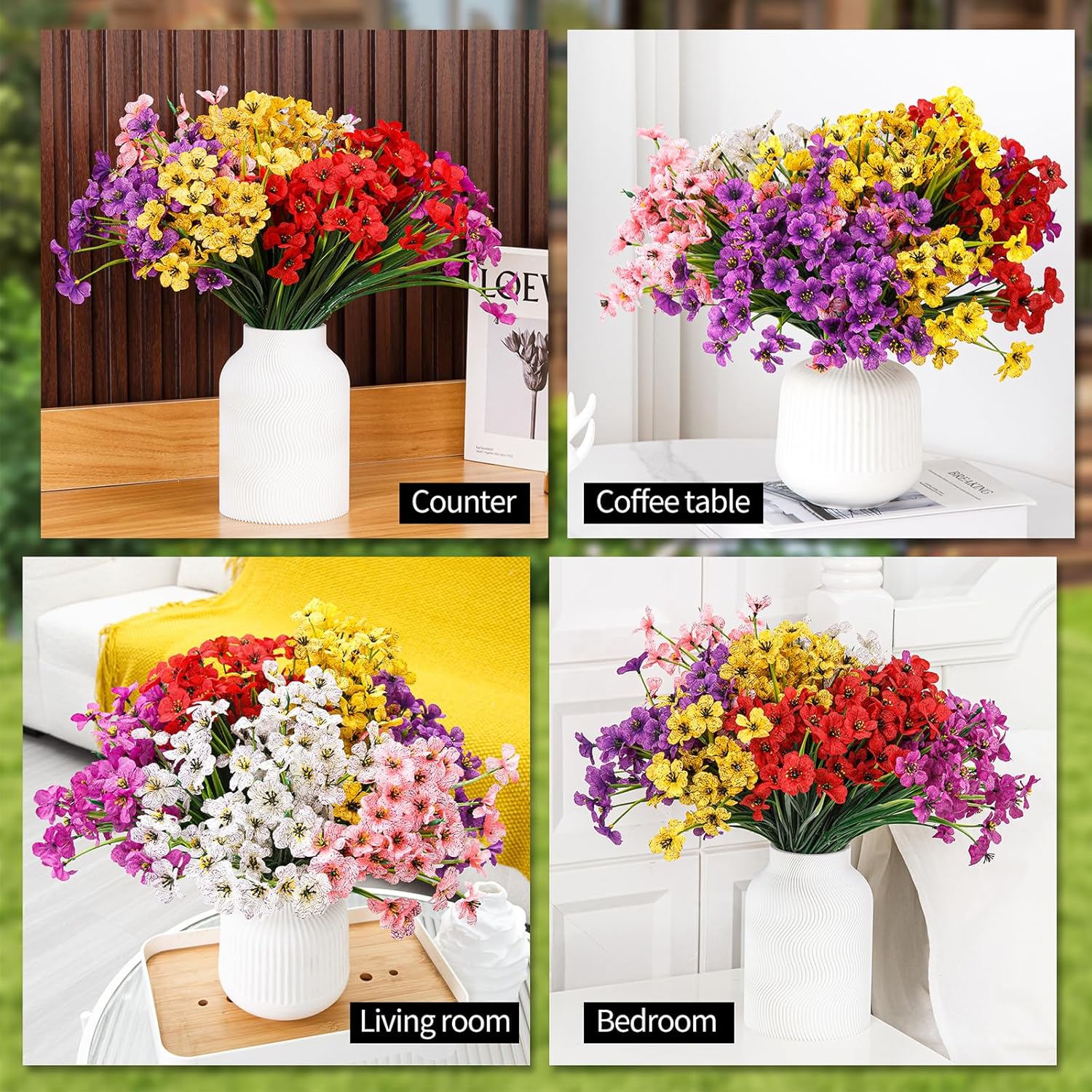 24 Bundles Artificial Flowers for Outdoor Indoor Garden Home Decoration, Plastic Flowers Decoration,Artificial Plants for Indoor Outside Garden Home Wedding Farmhouse (Mix 6 Color)