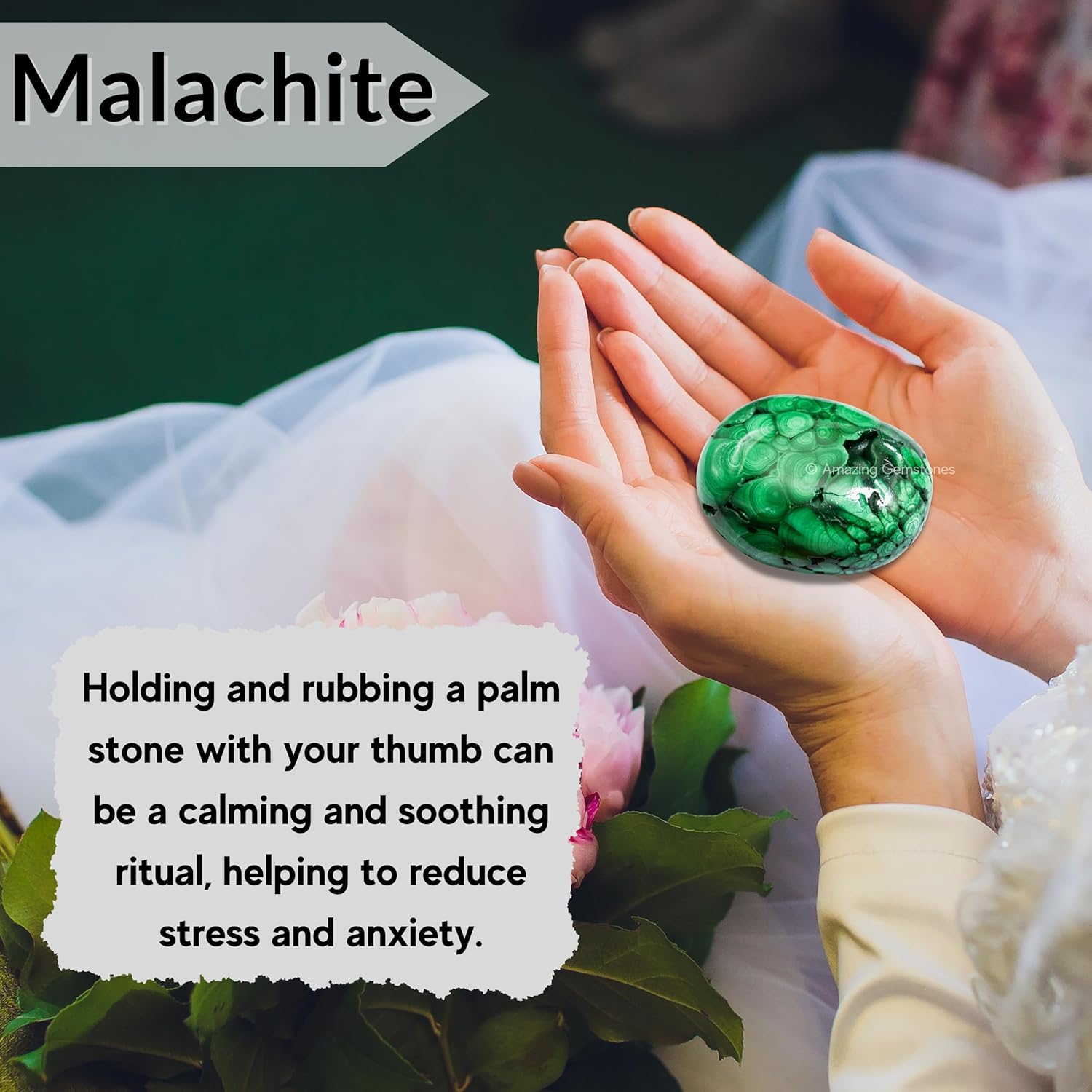 Amazing Gemstone Malachite Crystals and Healing Stones - Large Palm Stone Crystals Piedra - Crystal for Good Luck, Balanced Positive Energy, Meditation - Unique Stocking Stuffers, Gifts for Women