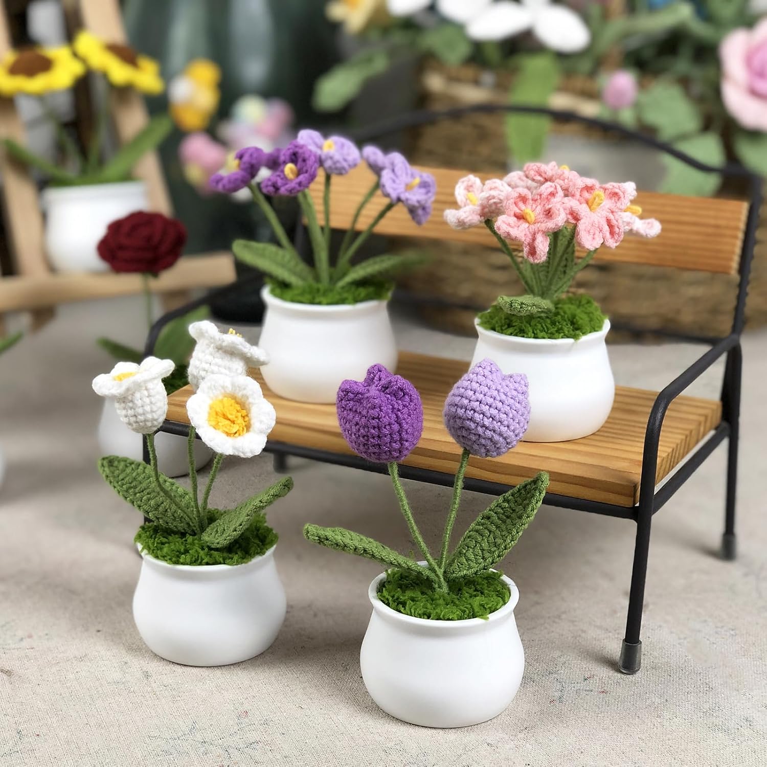 Crochet Flowers Cute Little Potted Flower, Gift for Birthday, Teacher’s Day, Graduation, Anniversary, Christmas, Decor for Car Dashboard,Home Office Decoration (Purple Gradient Tulips)