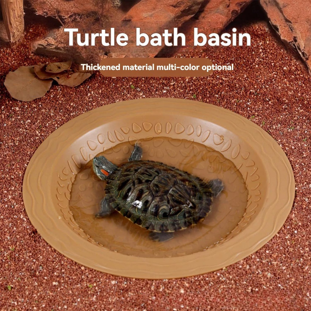 Flushbay Round Reptile Bathing Pool Reptile Feeding Dish Water Bowl with Ramp Aquarium Ornament for Gecko, Snake, Turtle, Bearded Dragon, Lizard Bath (Brown-Yellow)