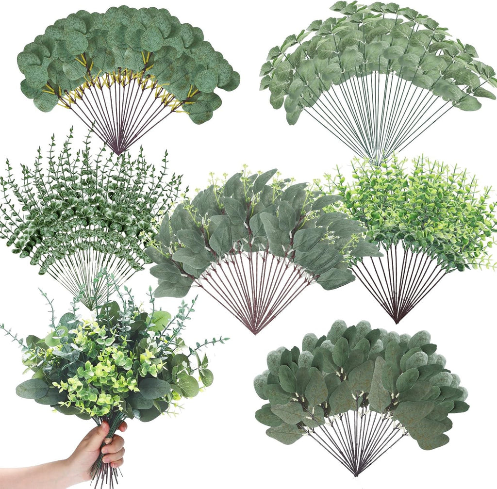 Ceenna 90 Pcs 6 Kinds Mixed Eucalyptus Leaves Stems Bulk Artificial Eucalyptus Leaves Sprays Silver Dollar Faux Greenery Picks Bundle for Wedding Vase Floral Arrangement Decor