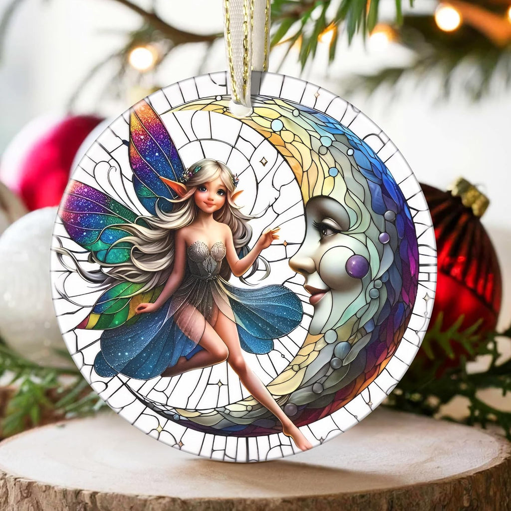 2025 Moon and Fairy Ornaments for Christmas - Round Ceramic, Holiday Decor, Christmas Tree Decoration, Gift Idea for Women