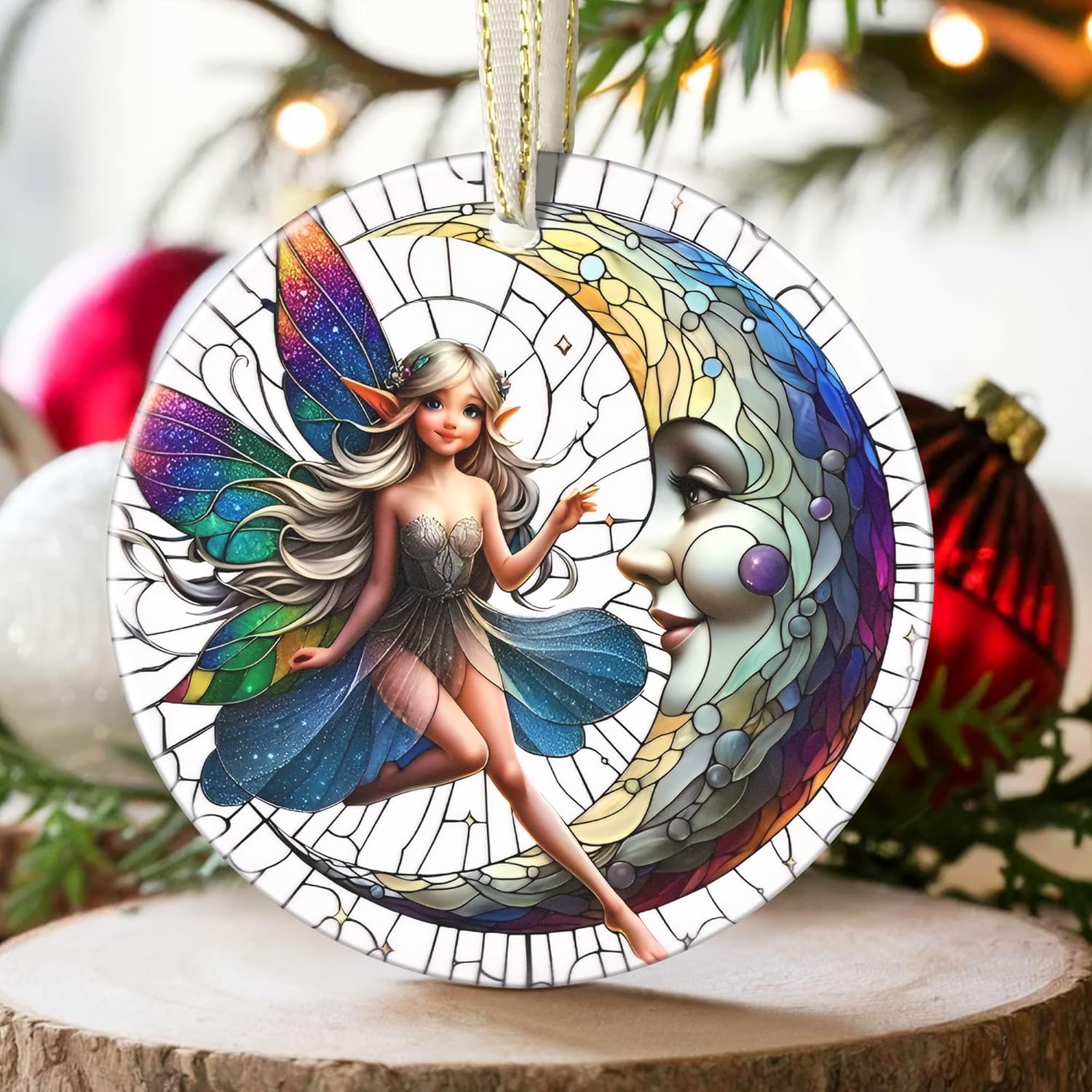 2025 Moon and Fairy Ornaments for Christmas - Round Ceramic, Holiday Decor, Christmas Tree Decoration, Gift Idea for Women