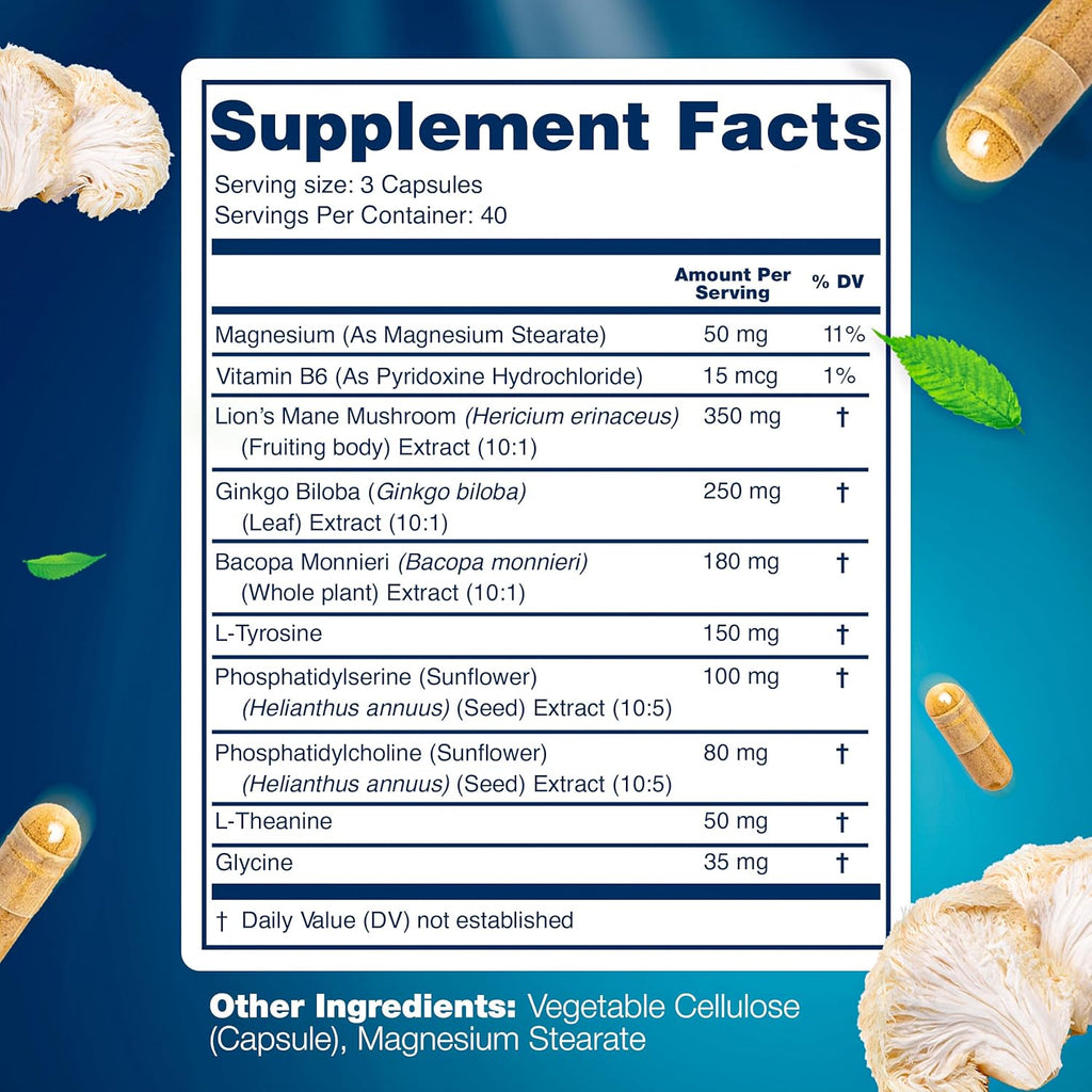 Organic Lions Mane Supplement Capsules - 360 Real Mushrooms Lion's Mane Capsules with Ginkgo Biloba Herb, Bacopa Monnieri, L Theanine, L Tyrosine - Mushroom Complex for Daily Wellness