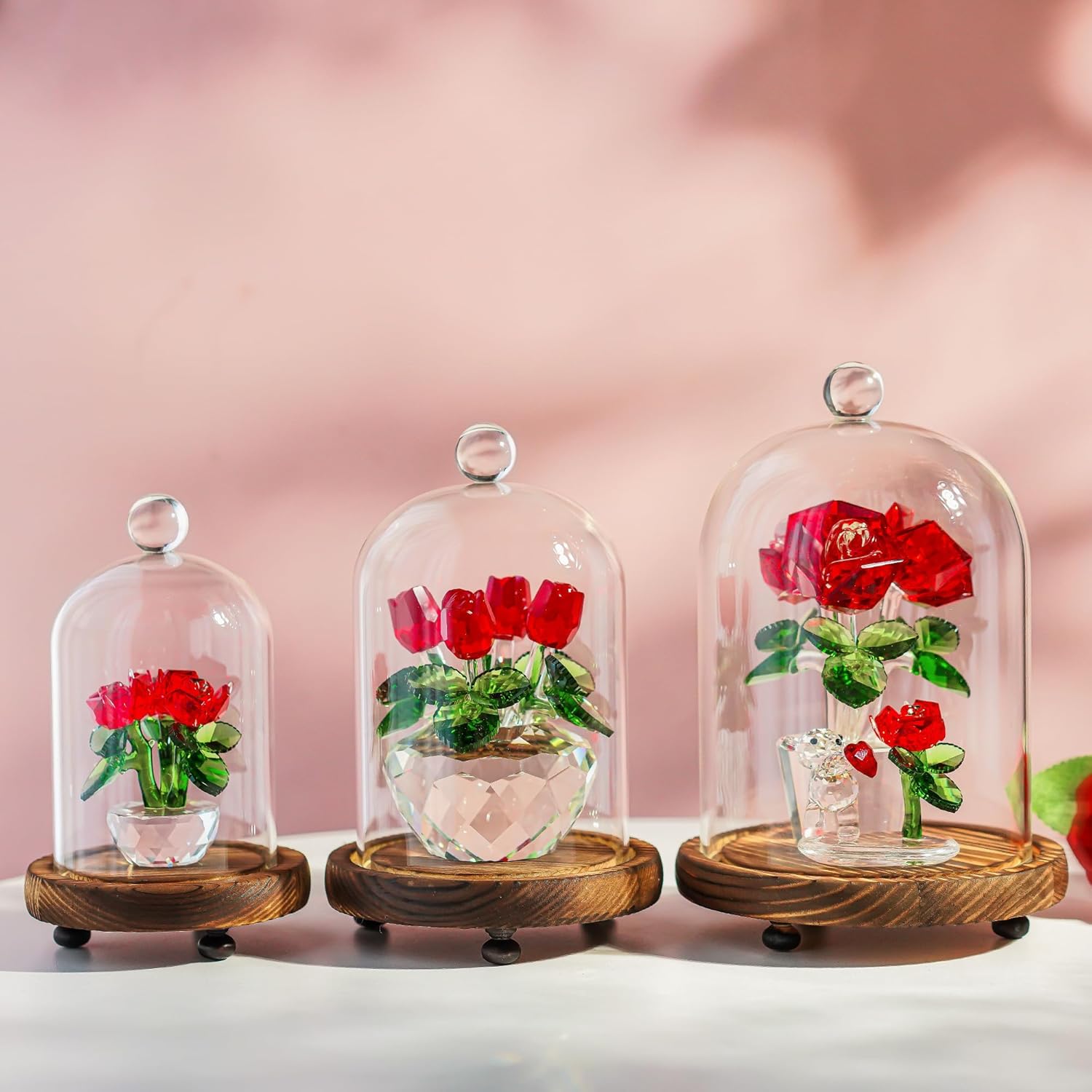 ZEERSHEE Set of 3 Glass Bell Shape Dome with Wooden Base(4.5''/3.7''/3''), Clear Decorative Glass Dustproof Dome with Handle for Home Party Wedding Decor