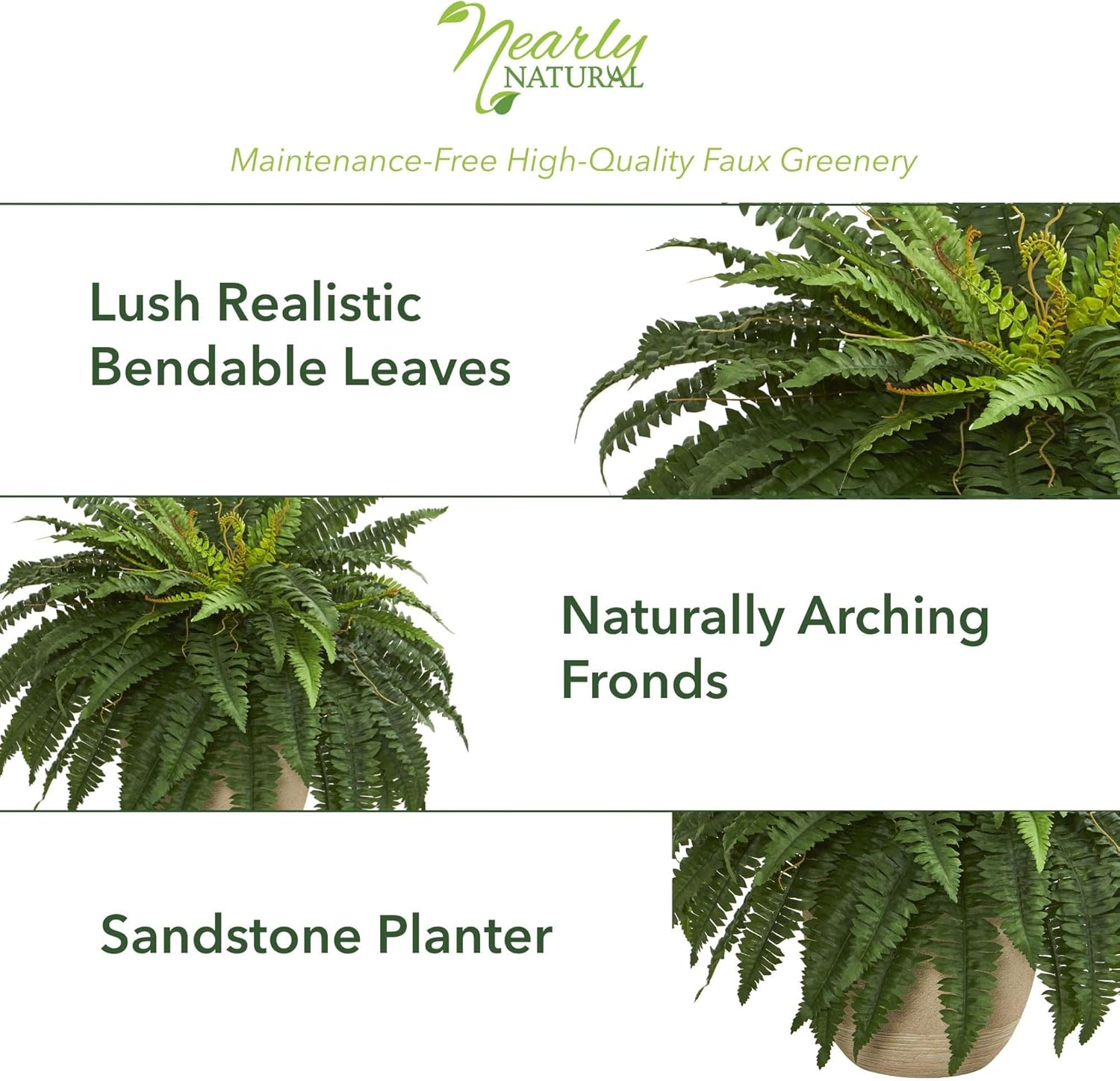 Nearly Natural 22" Boston Fern Artificial Plant In Sandstone Planter, Green
