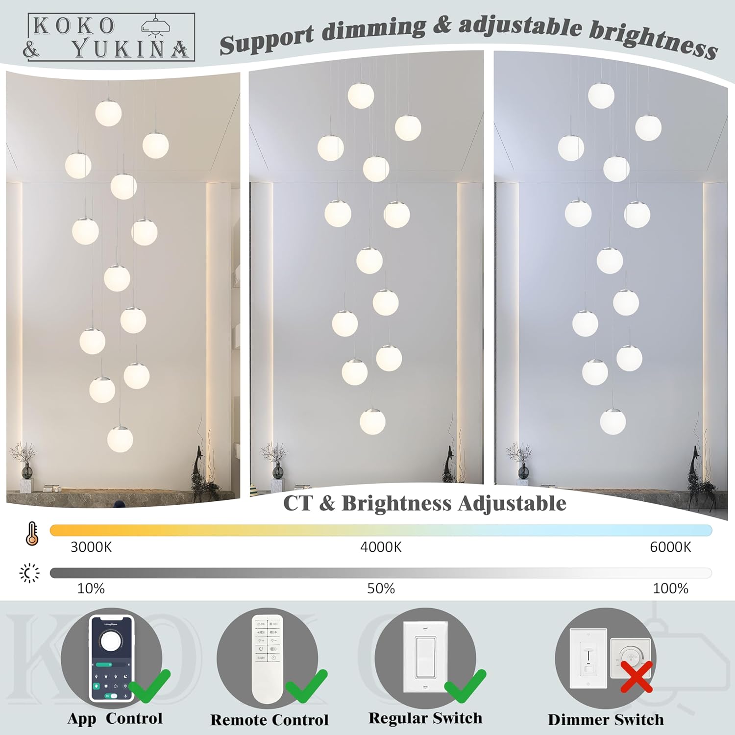 KoKo&Yukina 12-Light Nickel Mid Century Modern Chandelier for Living Room Staircase Chandelier for Entryway Globe Milky White Glass Pendant Light High Ceiling Chandeliers Foyer (Bulb & Remote Incl.)