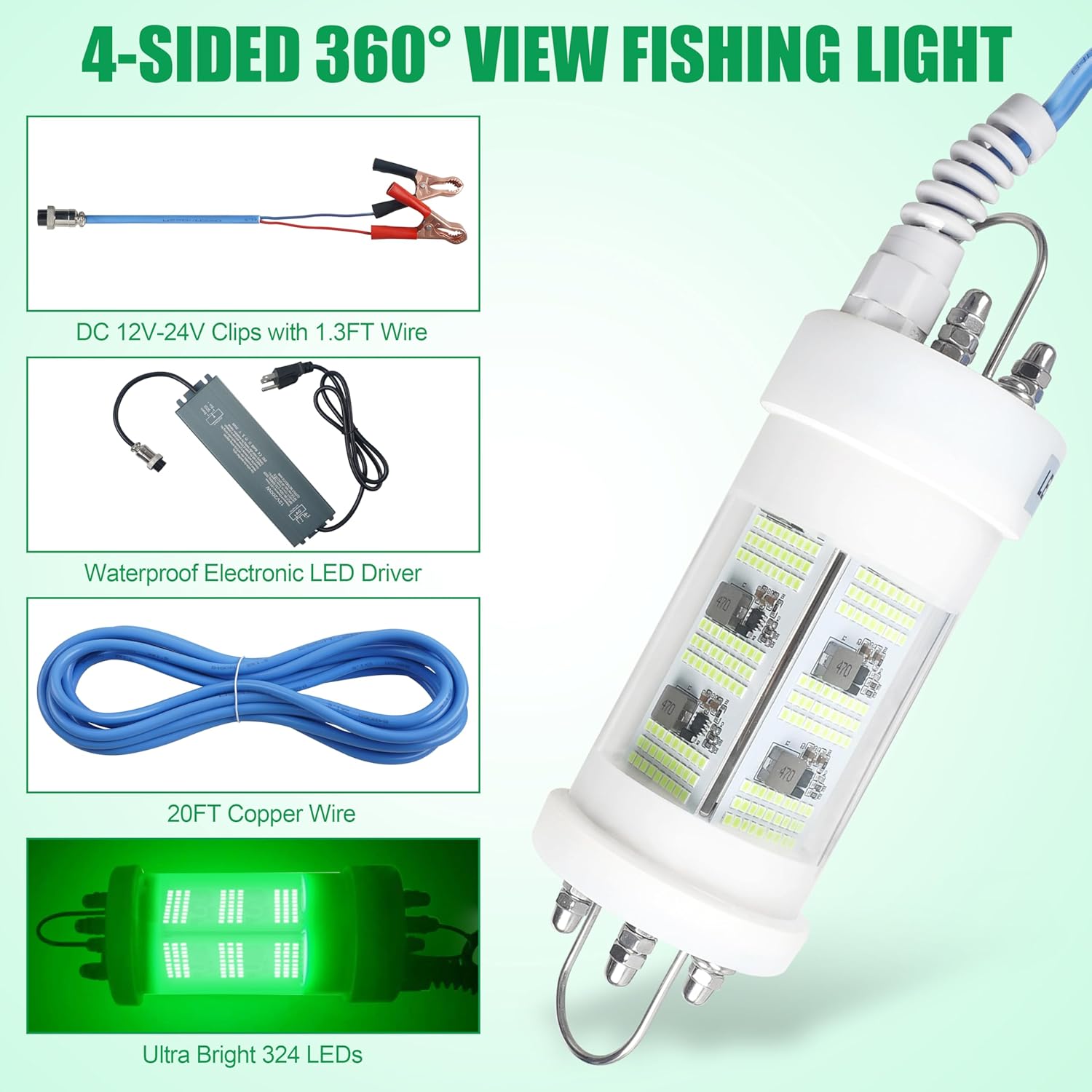 Underwater Fishing Light Super Bright 80000 Lumens 160W Green LED Submersible Fish Bait 110V & 12/24V with Transformer 20FT Wire Night Green Fishing Light for Boats Docks Kayaks