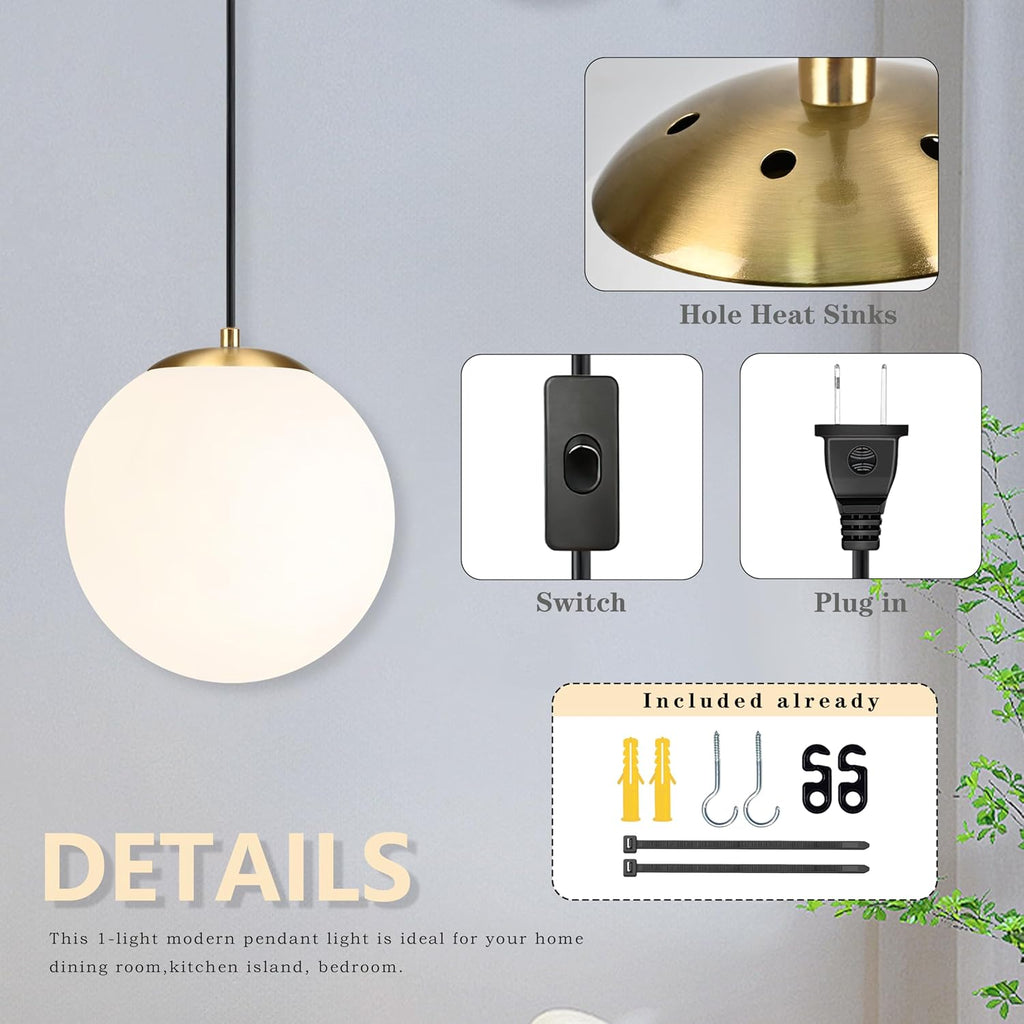 KoKo&Yukina 10" Globe Pendant Light Gold Plug in Pendant Light Adjustable Hanging Lights with Plug in Cord Brushed Gold Finished with Milk Glass Lampshade for Bedroom Kitchen Island（Bulb Included）