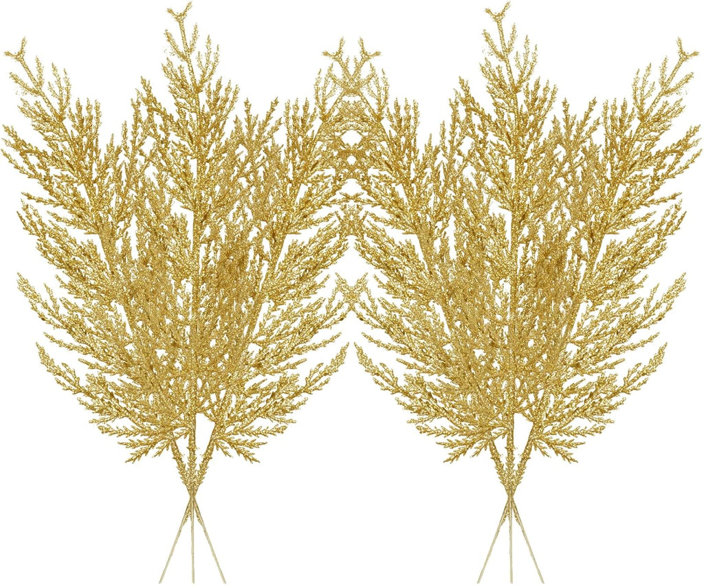 Christmas Glitter Stems 24pcs Artificial Pine Tree Picks for Christmas Tree Ornaments fillers, DIY Xmas Wreath, Crafts, Garland, Holiday, Party, Wedding and Home Decoration(Gold)