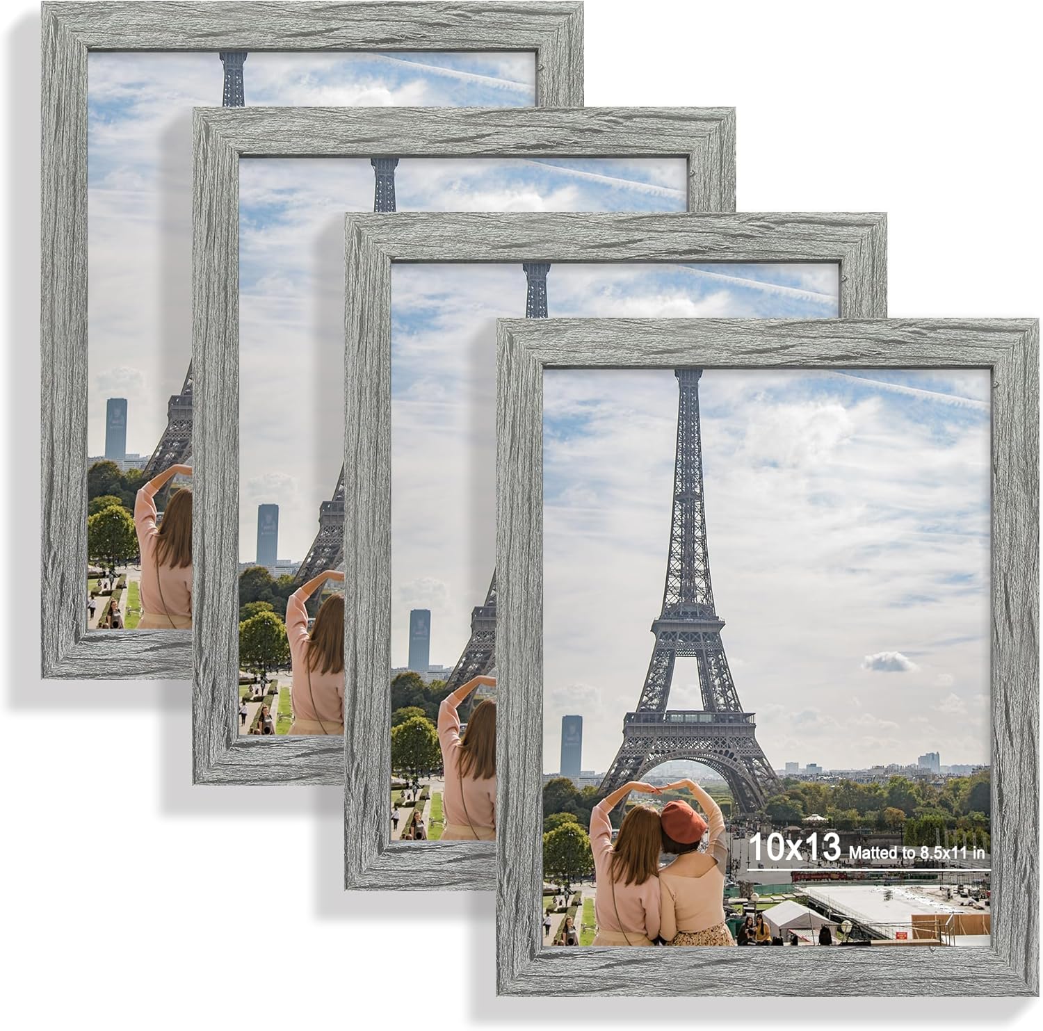 10x13 Picture Frame Set of 4, Made of Real Glass and Grey Frame, 10 by 13 Photo for Wall or Tabletop - Display Picture 8.5x11 with Mat or 10x13 Without Mat