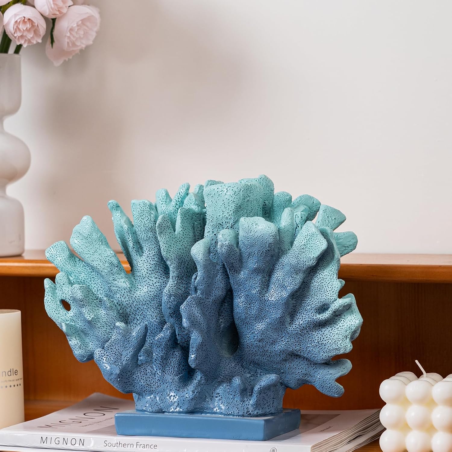 6" H Blue Coral Decor, Resin Coral Statue, Nautical Decorations for Home, Bedroom Wedding, Bathroom, Living Room, Beach/Coastal/Ocean Themed Cabinet Shelf Tabletop Decor