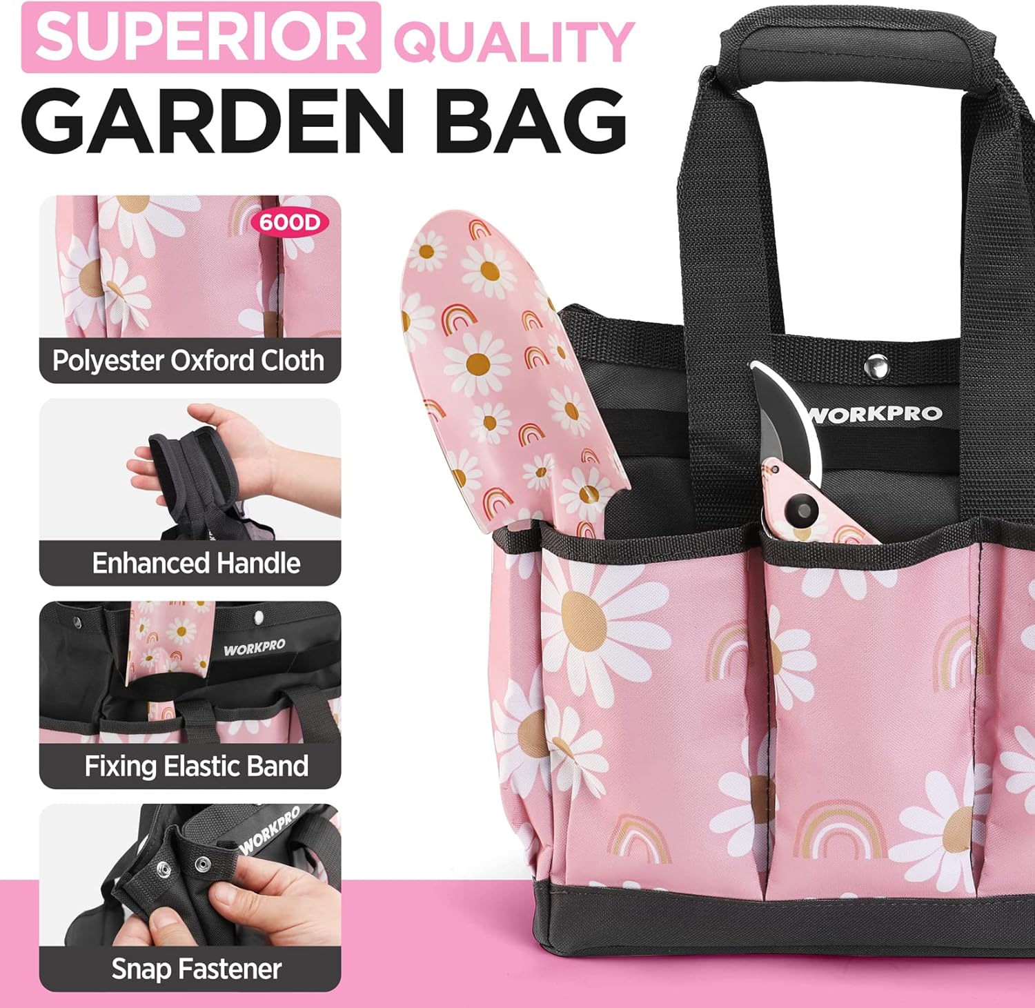 WORKPRO 5PCS Gardening Tools, Aluminum Heavy Duty Garden Tool Set with Bag, Ideal Gardening Gifts for Women-Pink Ribbon