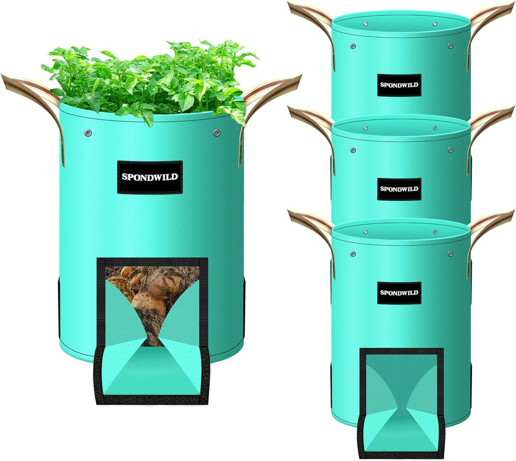 4 Pack 10 Gallon Potato Grow Bags, PE Garden Planter Bag with Breathable Screen Windows and Reinforced Handles for Potatoes, Tomatoes, Carrots and Onions