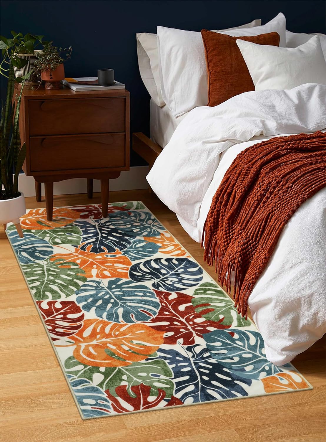 Wonnitar Tropical Colorful Kitchen Runner Rug, 2x4.3 Monstera Washable Leaf Rug Runner, Non-Slip Carpet for Bathroom, Low Pile Non-Shedding Throw Mat for Bedside Laundry Room Sink
