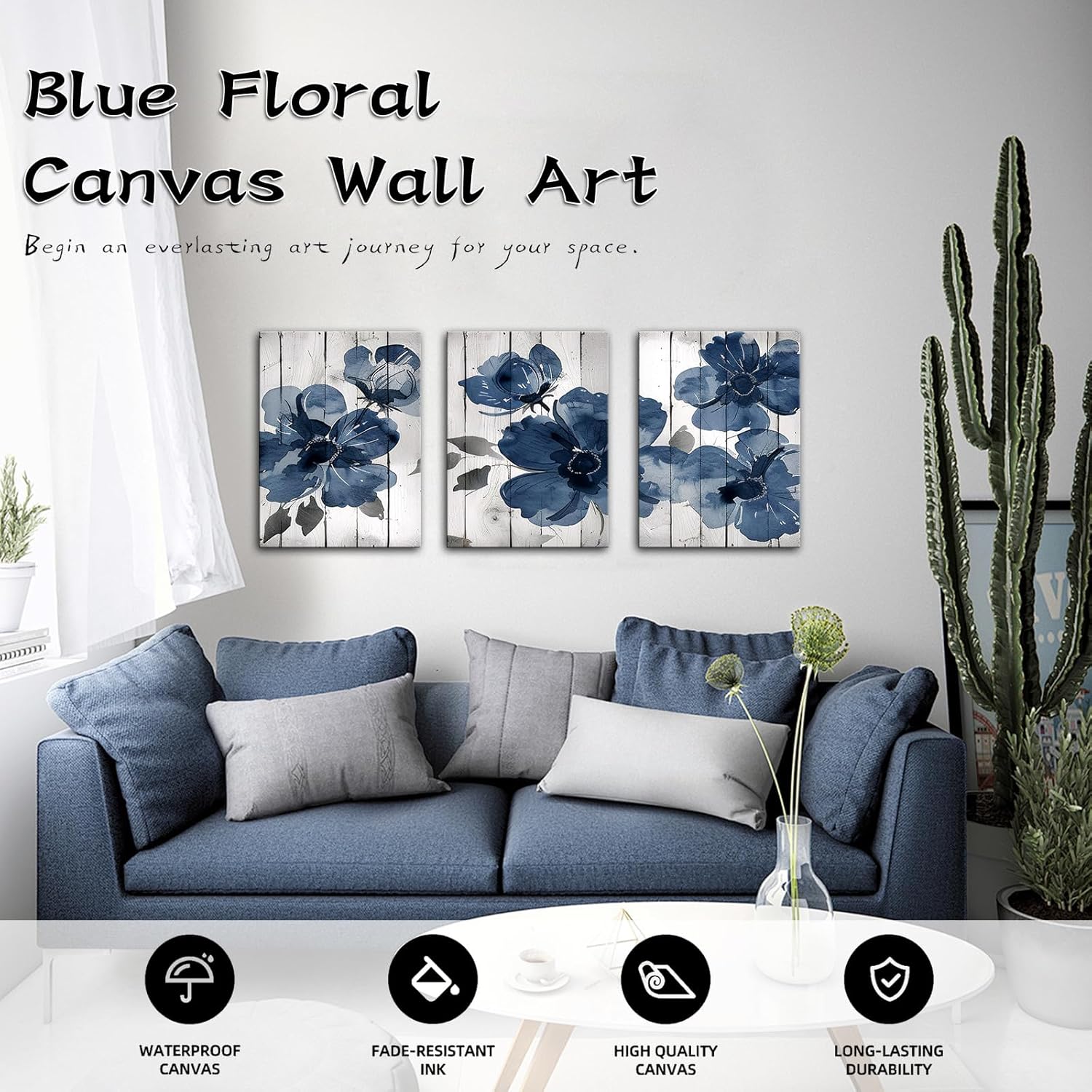 The Mode Art Canvas Wall Art Navy Blue Wildflower Watercolor Boho Botanical Floral 3Pcs Flower Wall Decor Pictures Modern Posters for Bedroom Living Room Home Decoration 12x16in