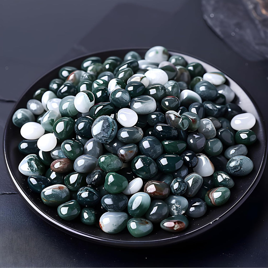 Polished Moss Agate Crystal Chips 200 Pcs - 0.3" 10 oz Tumbled Stone Chips Crushed Sea Glass Stones Healing Reiki Crystal Jewelry Making Home Decoration
