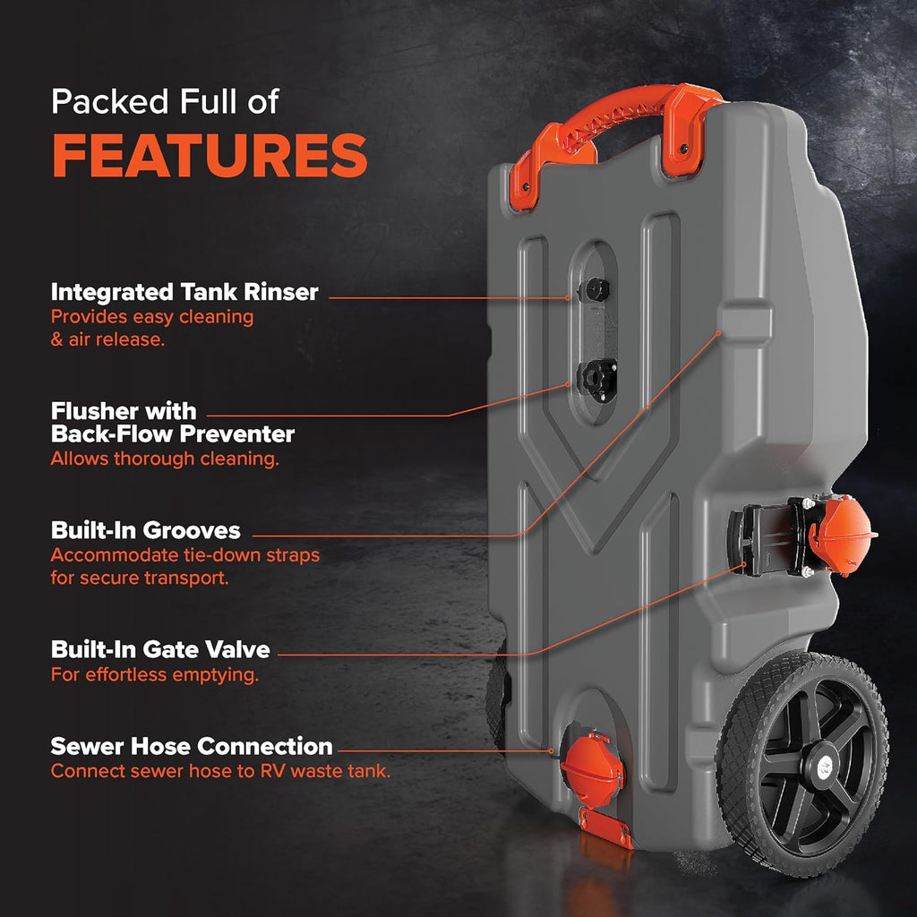 Camco Rhino 36-Gallon Camper/RV Tote Tank - Features Large Heavy-Duty No-Flat Wheels & Built-In Gate Valve - Removable Steel Tow Adapter, 3’ Sewer Hose & More RV Accessories (39006)