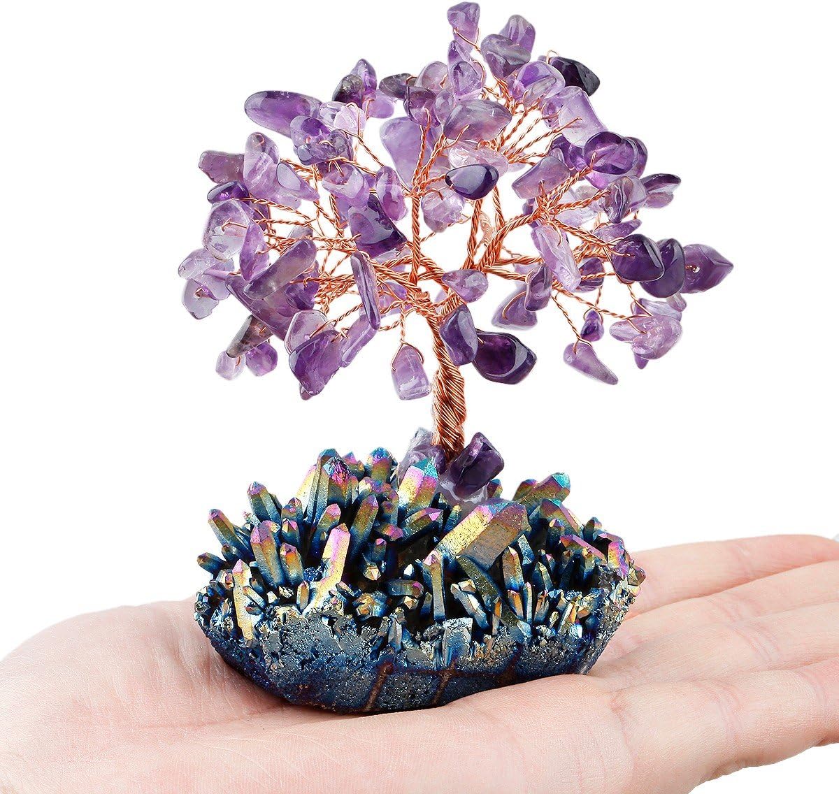 mookaitedecor Amethyst Crystal Tree, Quartz Cluster Rainbow Titanium Crystals Base Bonsai Money Tree for Wealth and Luck