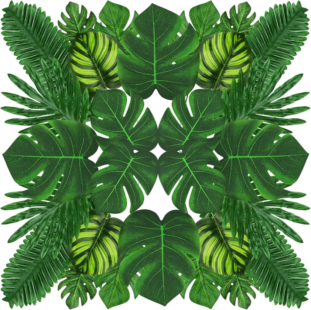 Tropical Party Decorations, 50 Pieces 7 Kinds Palm Leaves Artificial Tropical Monstera, Green Jungle Leaf with Stem for Jungle Hawaiian Luau Party Table Decoration Wedding Birthday