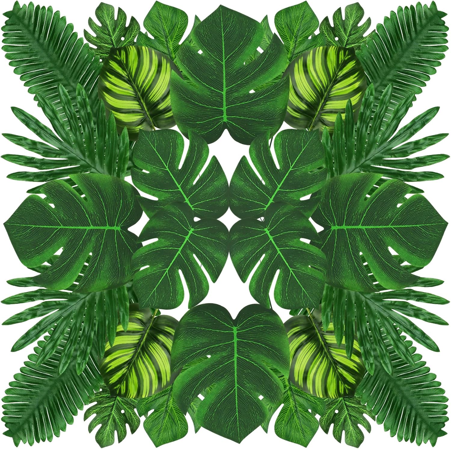 Tropical Party Decorations, 50 Pieces 7 Kinds Palm Leaves Artificial Tropical Monstera, Green Jungle Leaf with Stem for Jungle Hawaiian Luau Party Table Decoration Wedding Birthday