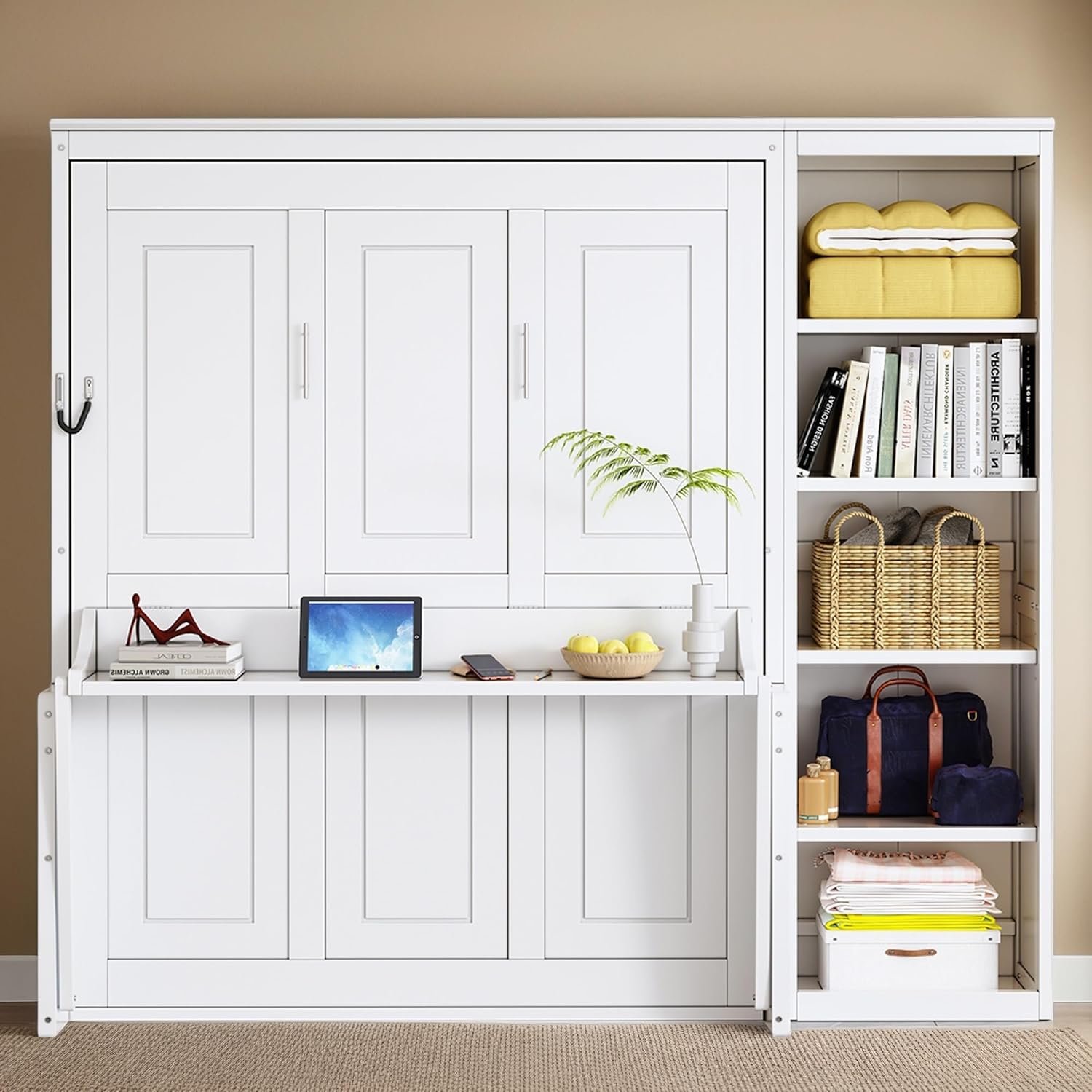 MERITLINE Full Murphy Bed with Desk and Storage Shelves,Wood Hideaway Murphy Wall Bed with Storage Bookcase for Adults (White,Full)
