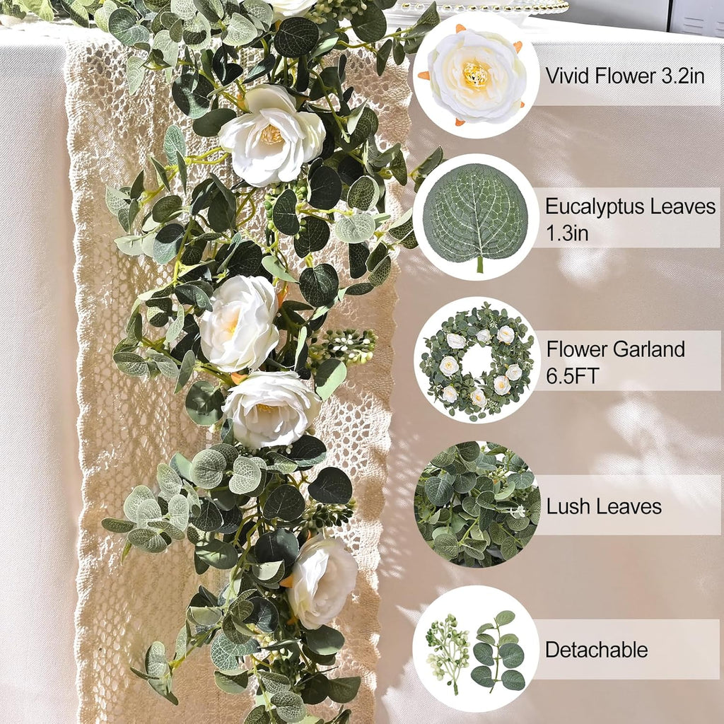 Dolicer 2 Packs 6.56Ft Eucalyptus Garland with Flowers - 8 White Roses, Artificial Flower Fake Rose Vine Faux Greenery for Wedding Backdrop Arch Table Wall Party Home Decor, Grey Green