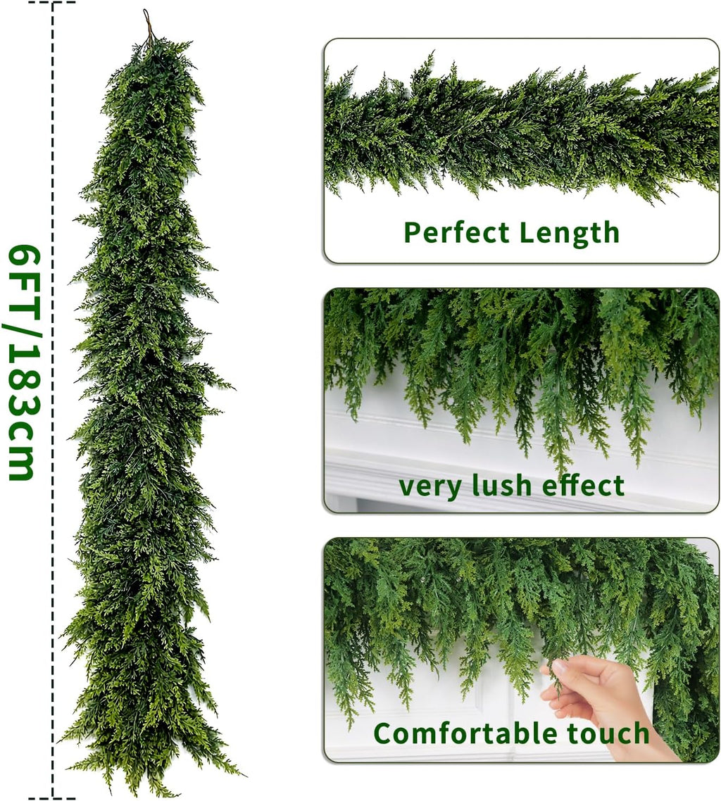 6FT Christmas Garland Decoration, Realistic Artificial Green Faux Cedar Pine Garland Holiday Decor for Outdoor Indoor Green Greenery,Fireplaces Holiday Party Decorations