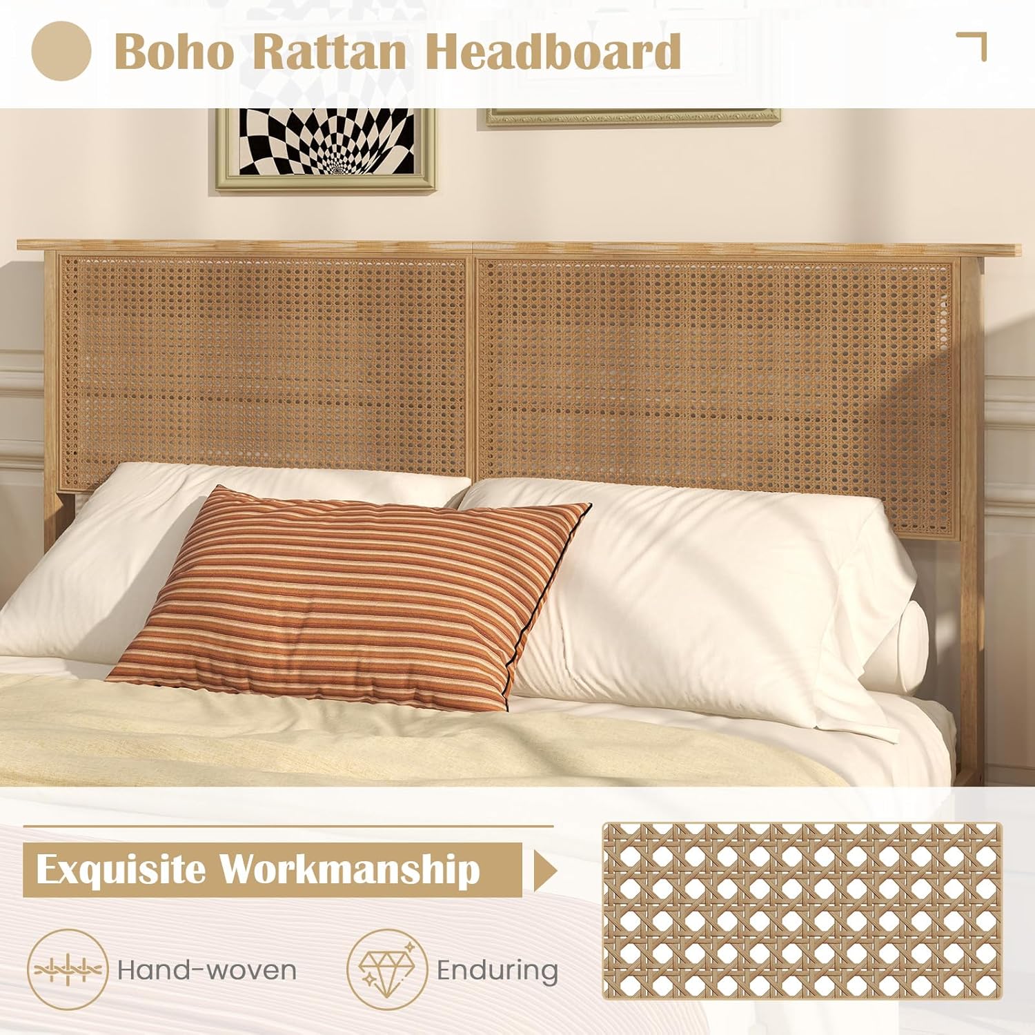 Giantex Queen Size Rattan Bed Frame with Rattan Headboard, Boho Solid Wood Platform Bed with Wooden Slats, 12 Inch Bed Frame Queen with Storage Underneath, No Box Spring Needed, Natural