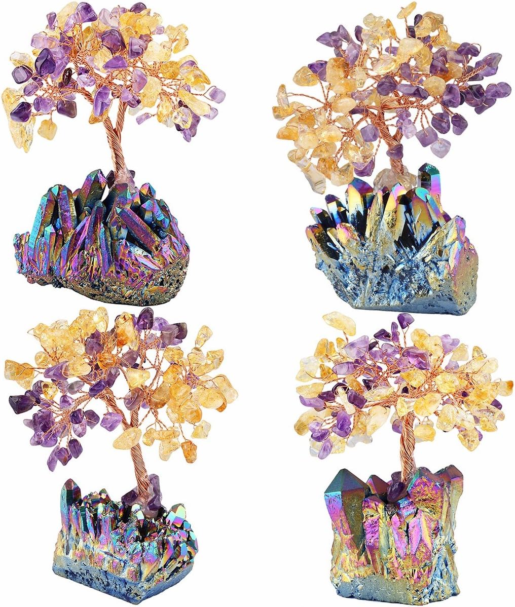 mookaitedecor Citrine & Amethyst Crystal Tree, Quartz Cluster Rainbow Titanium Crystals Base Bonsai Money Tree for Wealth and Luck