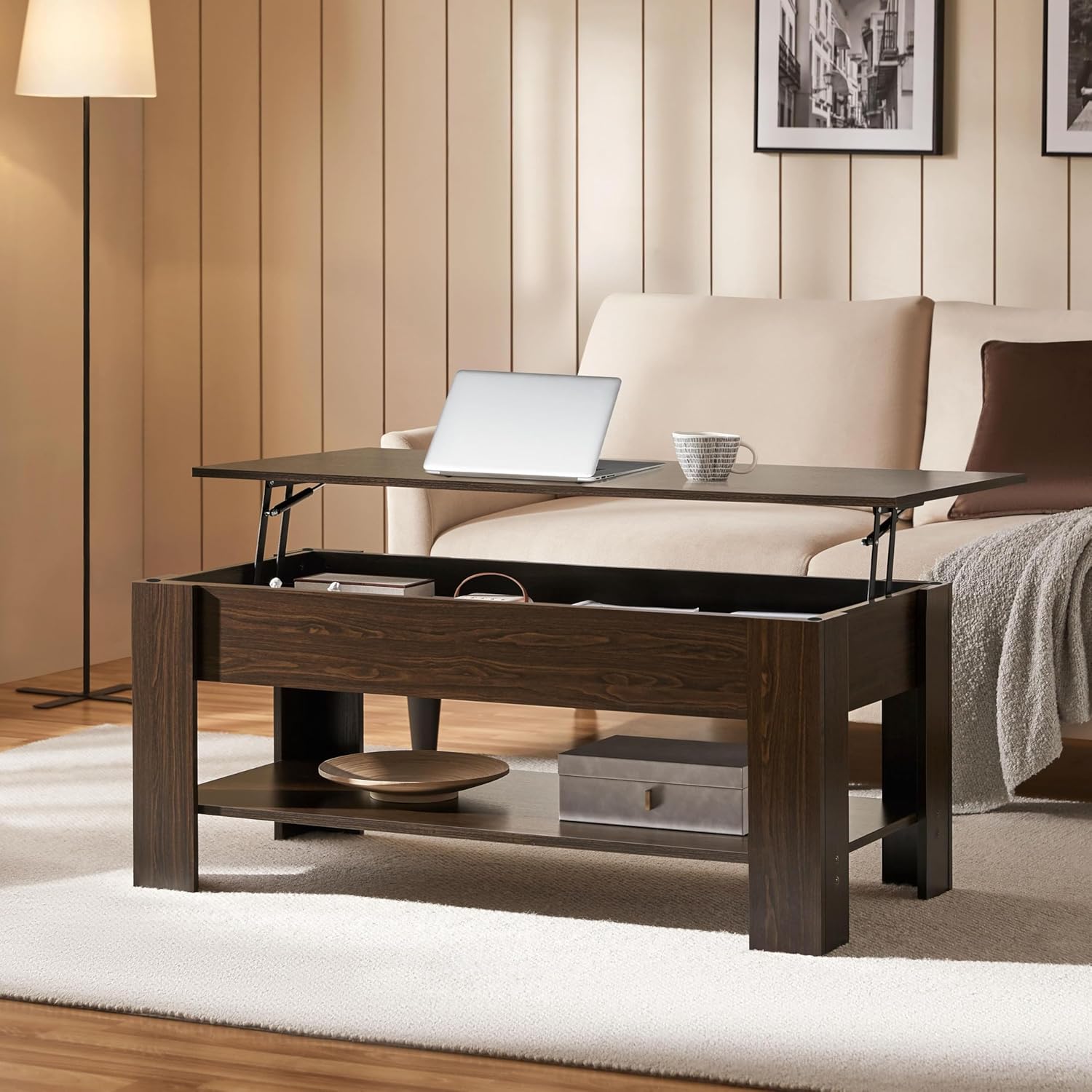 Yaheetech Lift Top Coffee Table with Hidden Compartment and Storage Shelf, Rising Tabletop Dining Table for Living Room Reception Room, 47.5in L, Espresso