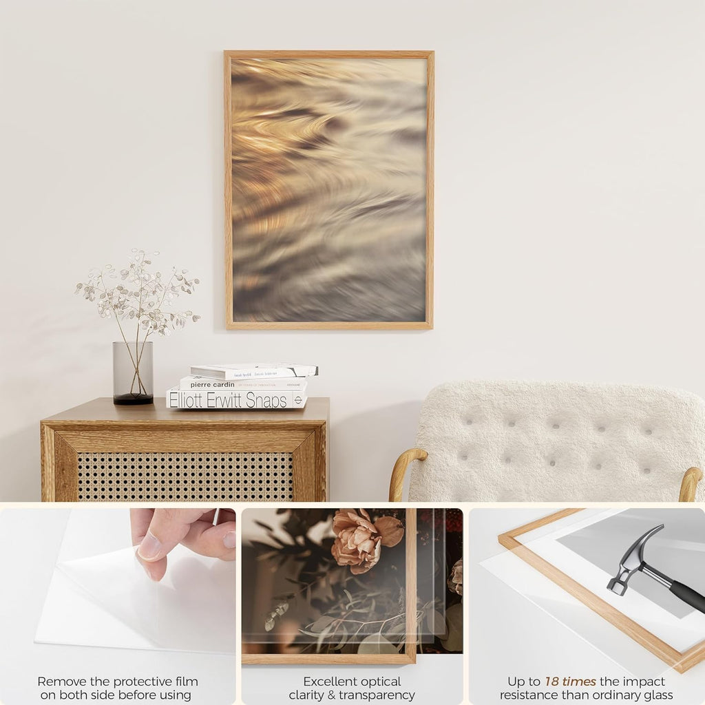 Fun Memories 18x24 Poster Frame, Solid Oak Wood Poster Frames, Modern Photo Frame for Wall 18x24 with 16x20 Mat, High Definition Plexiglass & Wall Hook Included (Beige, 2 Pack)