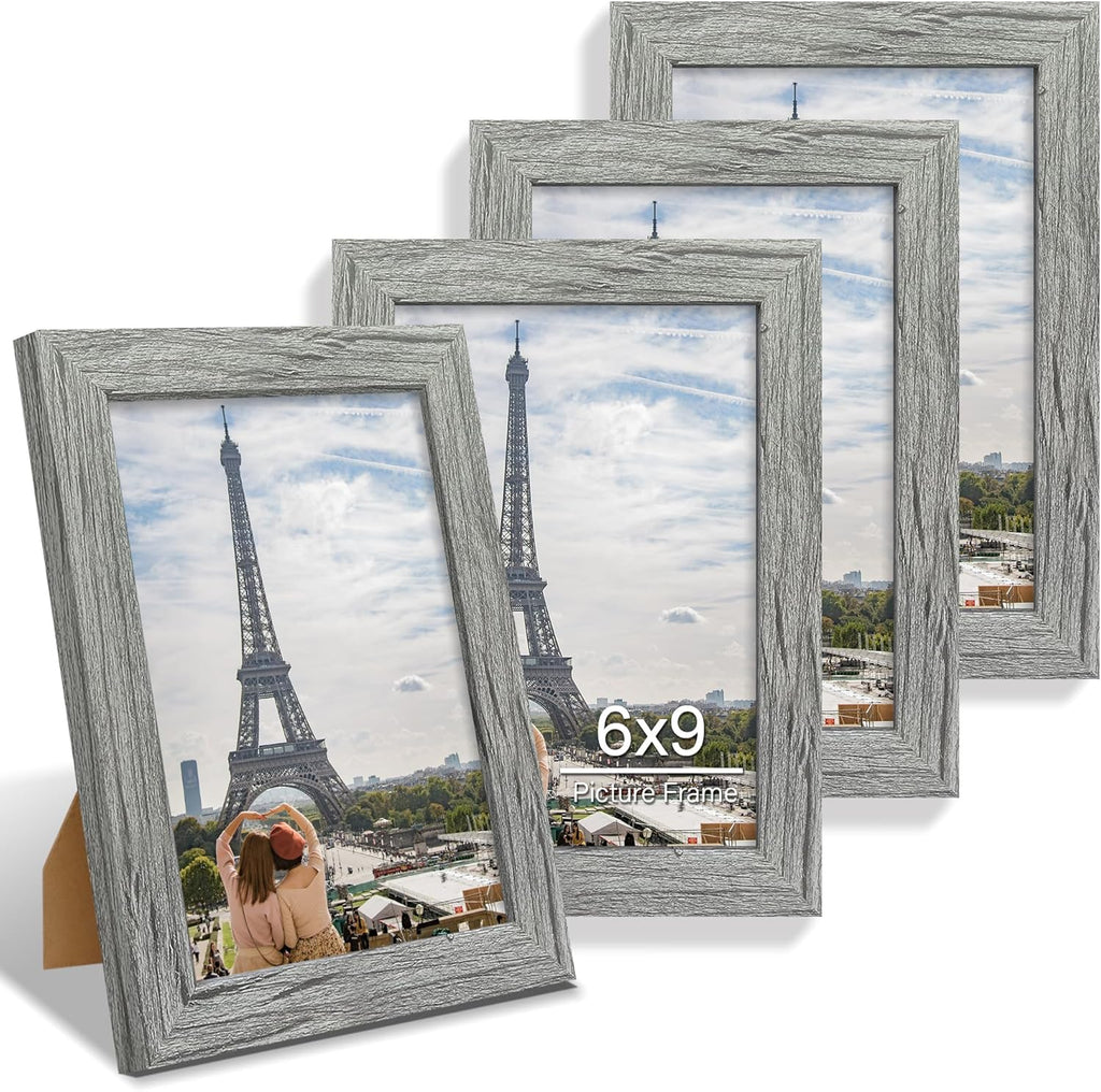 6x9 Picture Frame Set of 4, Made of Real Glass and Grey Wooden Frame - 6 by 9 Photo for Wall or Tabletop Display