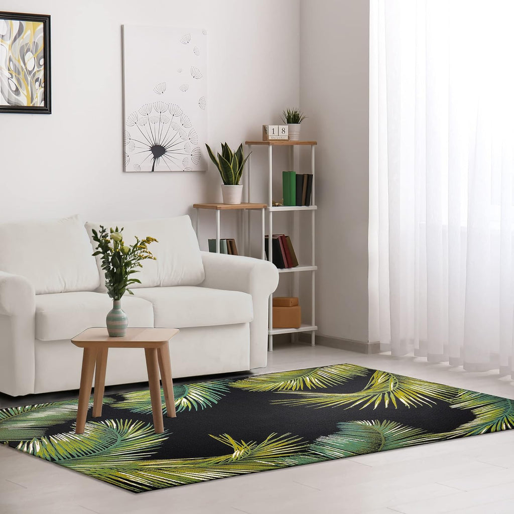 Liora Manne Marina Indoor/Outdoor Power Loomed Synthetic Blend Low Profile Area Rug - Transitional Border Botanical Beach Colorful (Palm Border Black) (7'10" x 9'10")