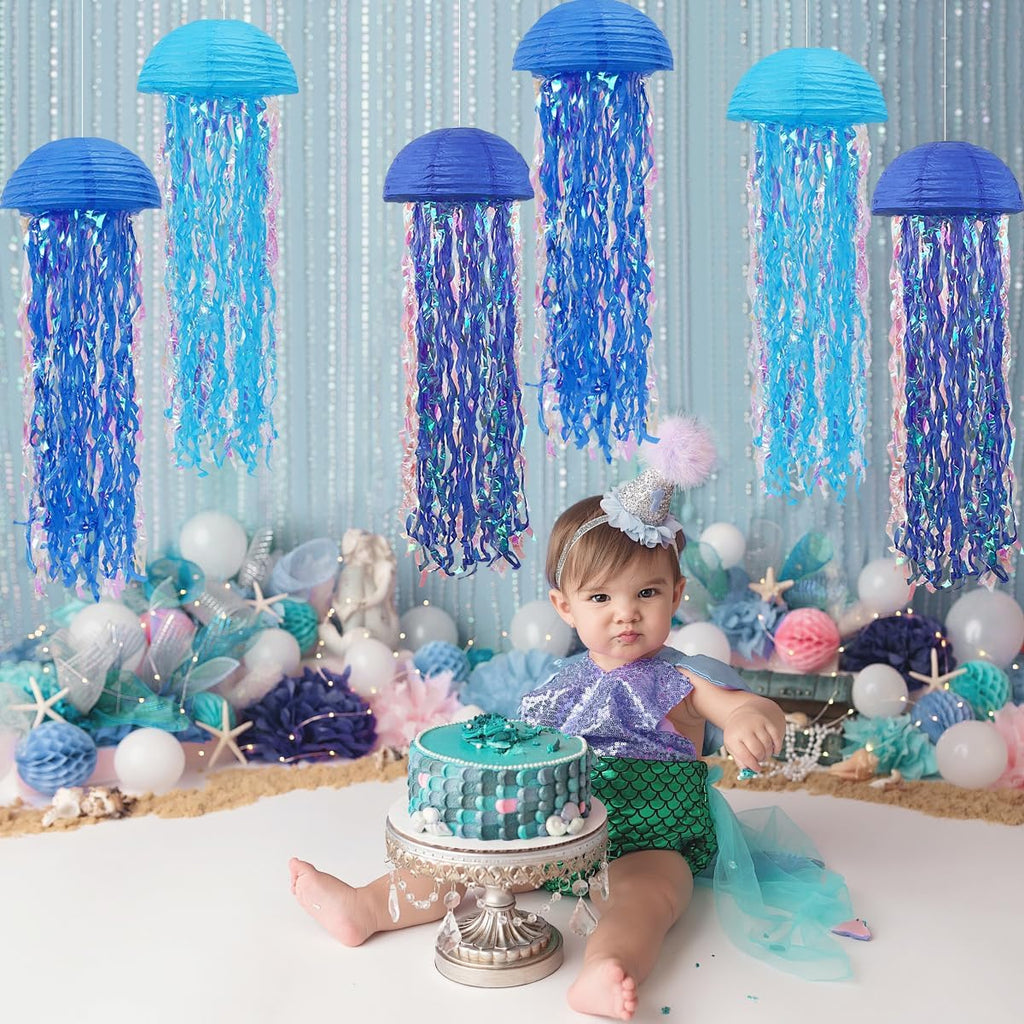 Mermaid Birthday Decorations, Jellyfish Paper Lanterns for Mermaid Party Baby Shower Under The Sea Ocean Blue Birthday Party Decorations Pack of 6 Blue
