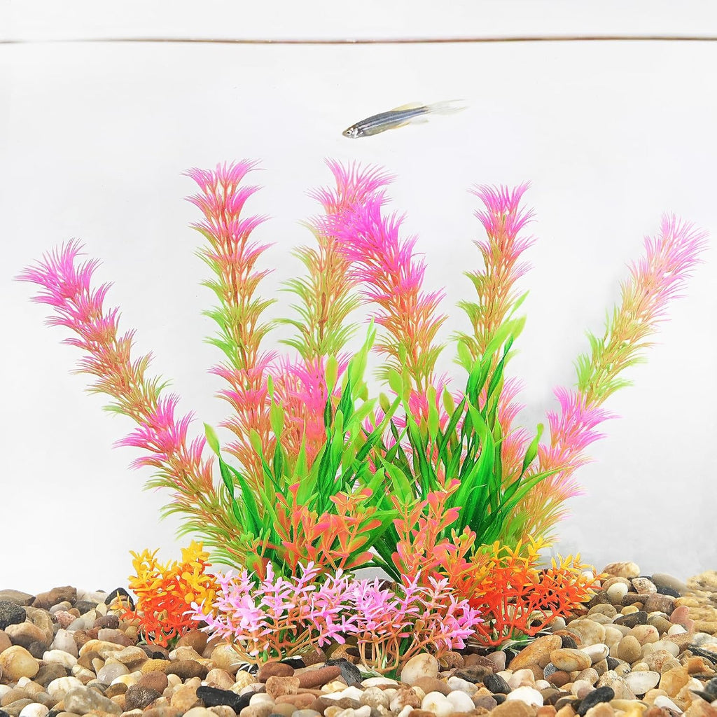 AQUANEAT Artificial Fish Tank Plants, Aquarium Decorations, Pink Plastic Accessories, 10pcs