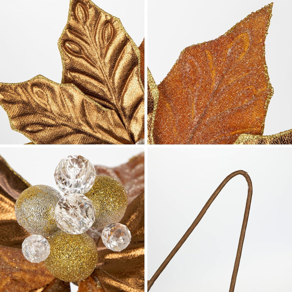 Hollyone 3PCS Poinsettia Christmas Flowers Artificial 11" Large Bronze Glitter Poinsettia Flowers Christmas Tree Ornaments Floral Picks for Tree Wreath Garland Vase Table Centerpiece Home Decor