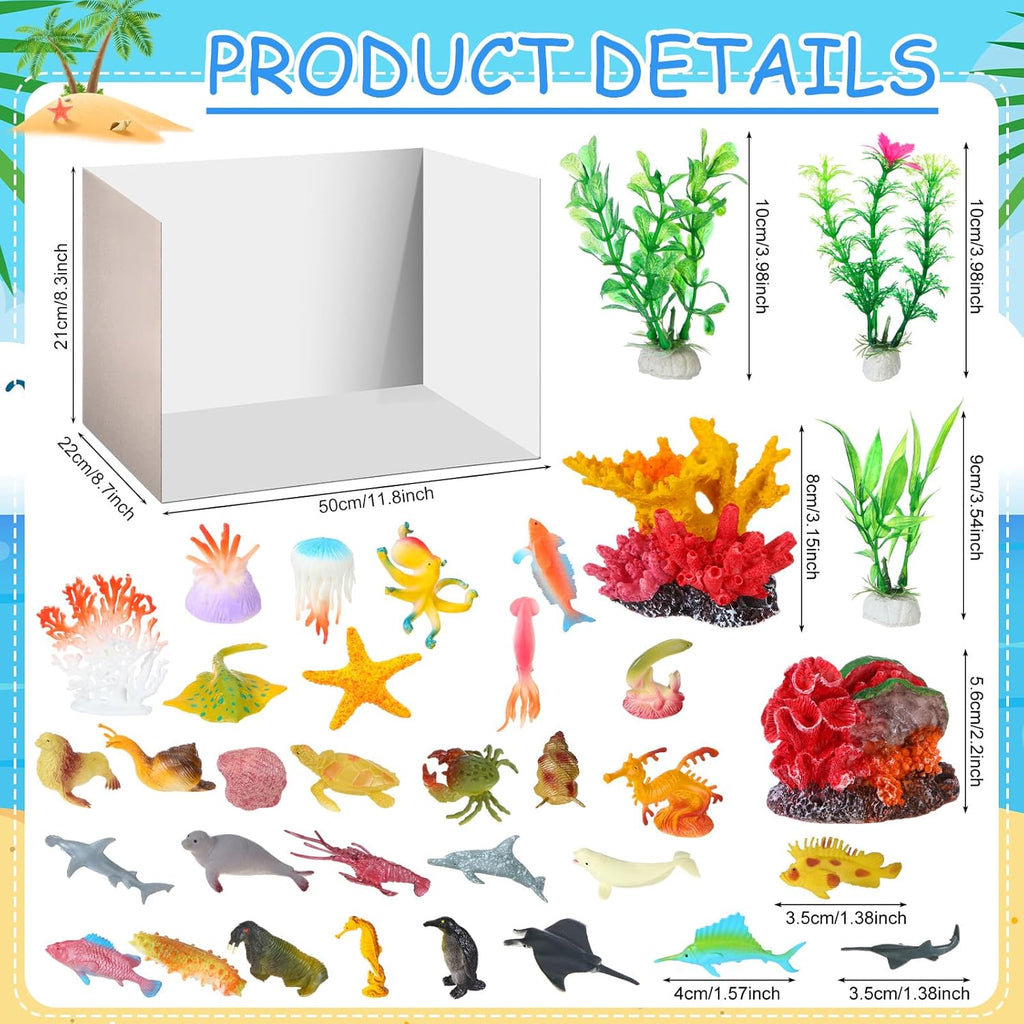 Ocean Diorama Kit Habitat Project Supplies Under The Sea Animals Figures Small Shark Fish Figures Artificial Coral Seagrass with Gift Box for Gifts Birthday Party Decorations