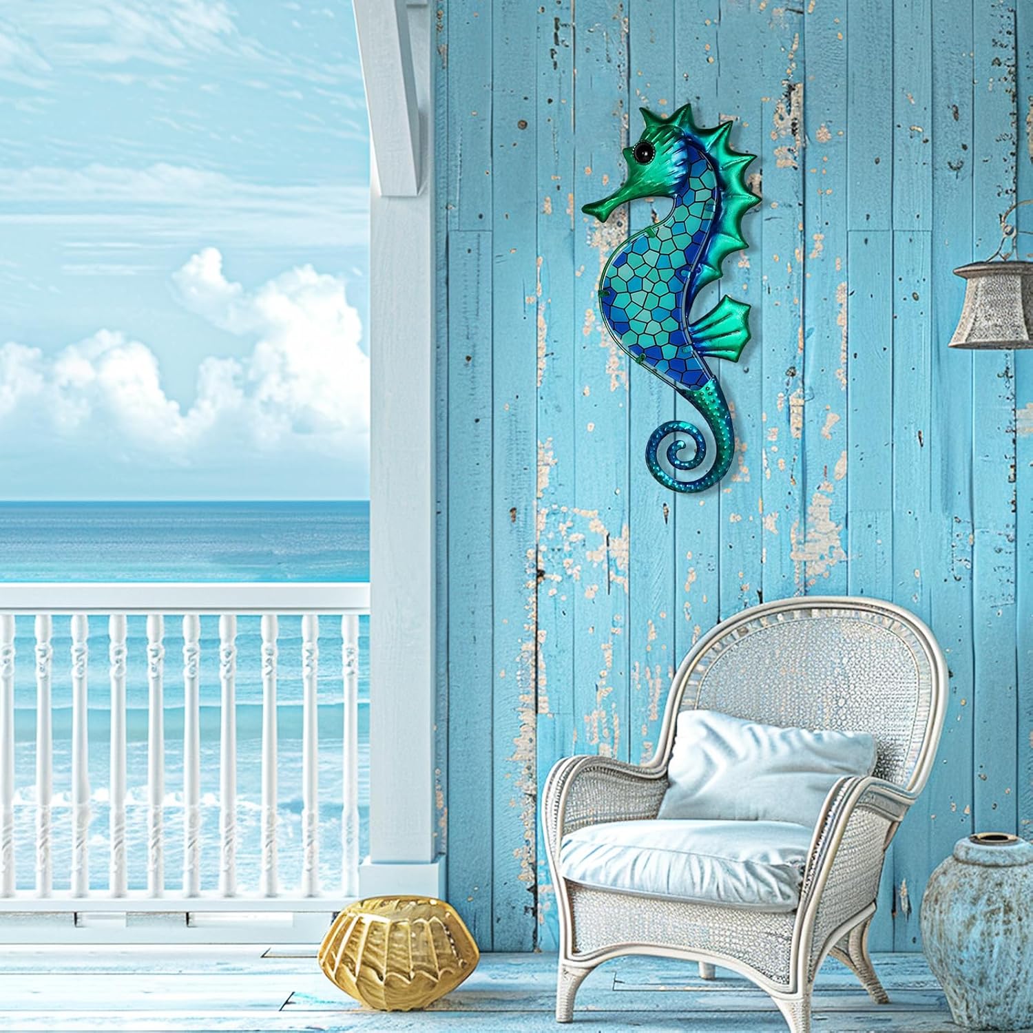 LIFFY Metal Seahorse Wall Art Mosaic Glass Ocean Wall Decor Coastal Sculpture Hanging Decoration for Home Garden Fence Pool Beach Bathroom