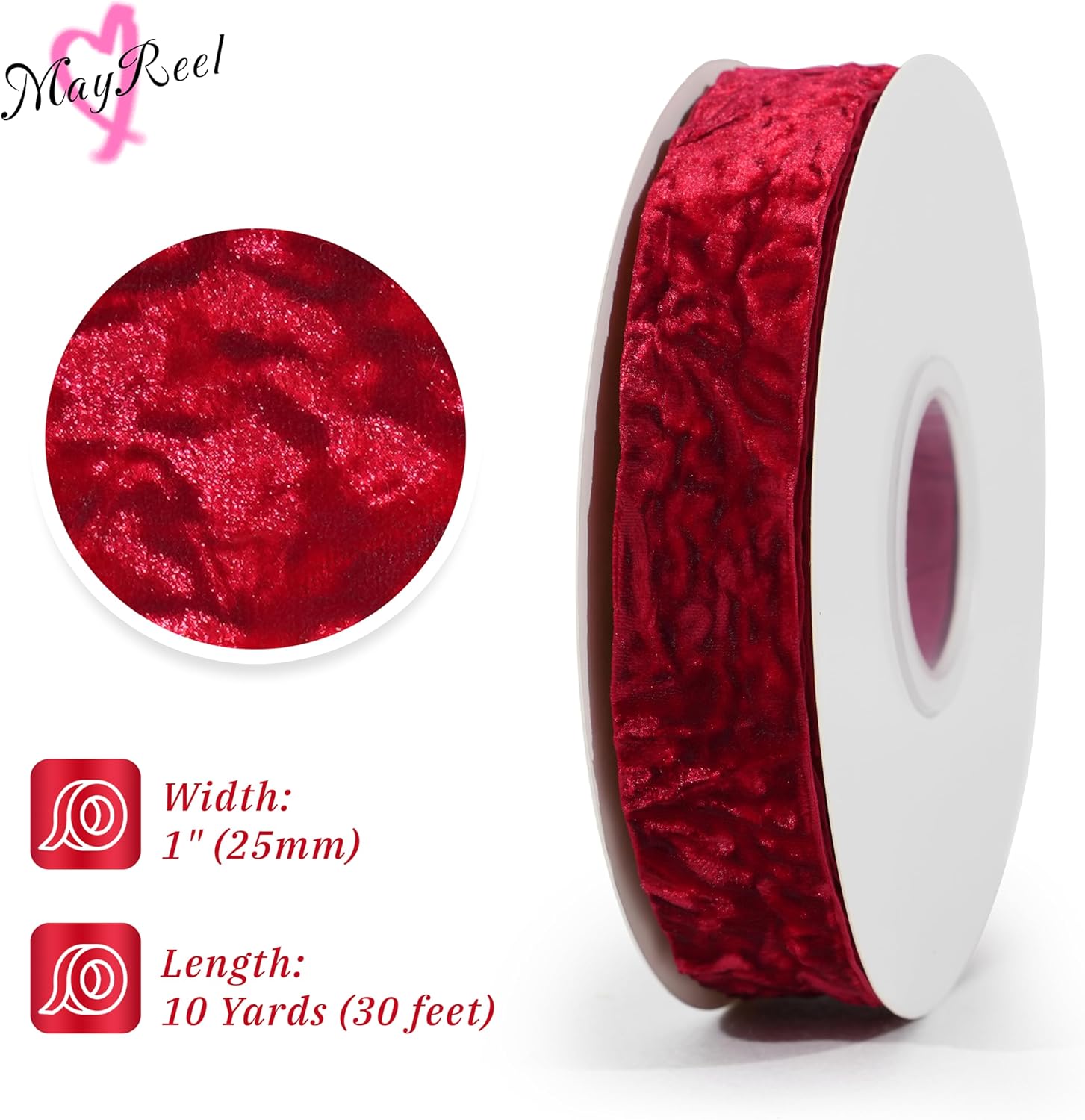 MAYREEL 1 Inch Red Crushed Velvet Ribbon Crimson Vintage for Flower Bouquets Wedding Invitations Crafts Gift Wrapping Party Favor Boxes 10 Yards