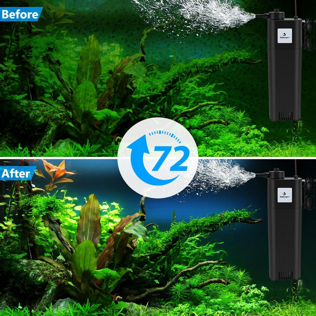 fishkeeper Aquarium Filter U-V for 10-75 Gallon, 132 GPH Fish Tank Filter for Green Water and Algae Clean, Ultra Silent Submersible Pump Filter with Adjustable Bubble Output for Deodorization Killing
