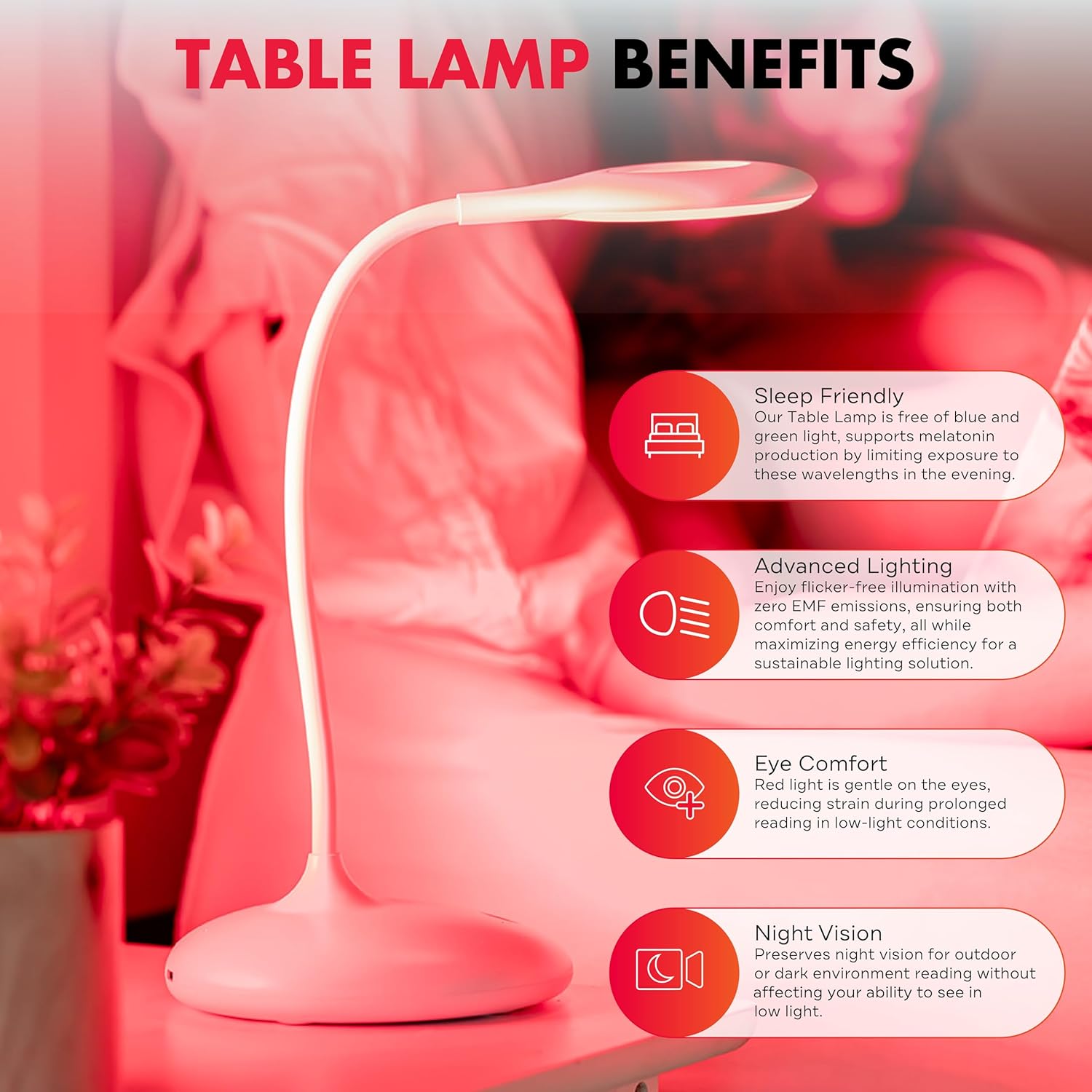 Mito Red Light - No Blue Light Lamp - Modern LED Rechargeable Table Lamp - Rechargable Desk Lamp - Bedside Touch Lamp - - Table Lamp for Whole House - No Flicker LED (633nm Red), White