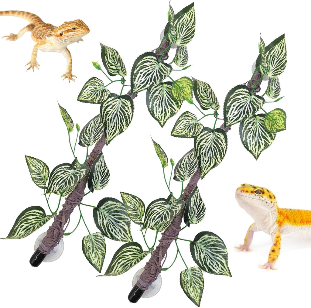 VCEPJH Reptile Climbing Branch Decor 2 Pcs Bendable Jungle Vine with Suction Cup Terrarium Plant Decoration for Gecko Bearded Dragons, Snake,Frogs, Chameleons Cage Accessories (T)