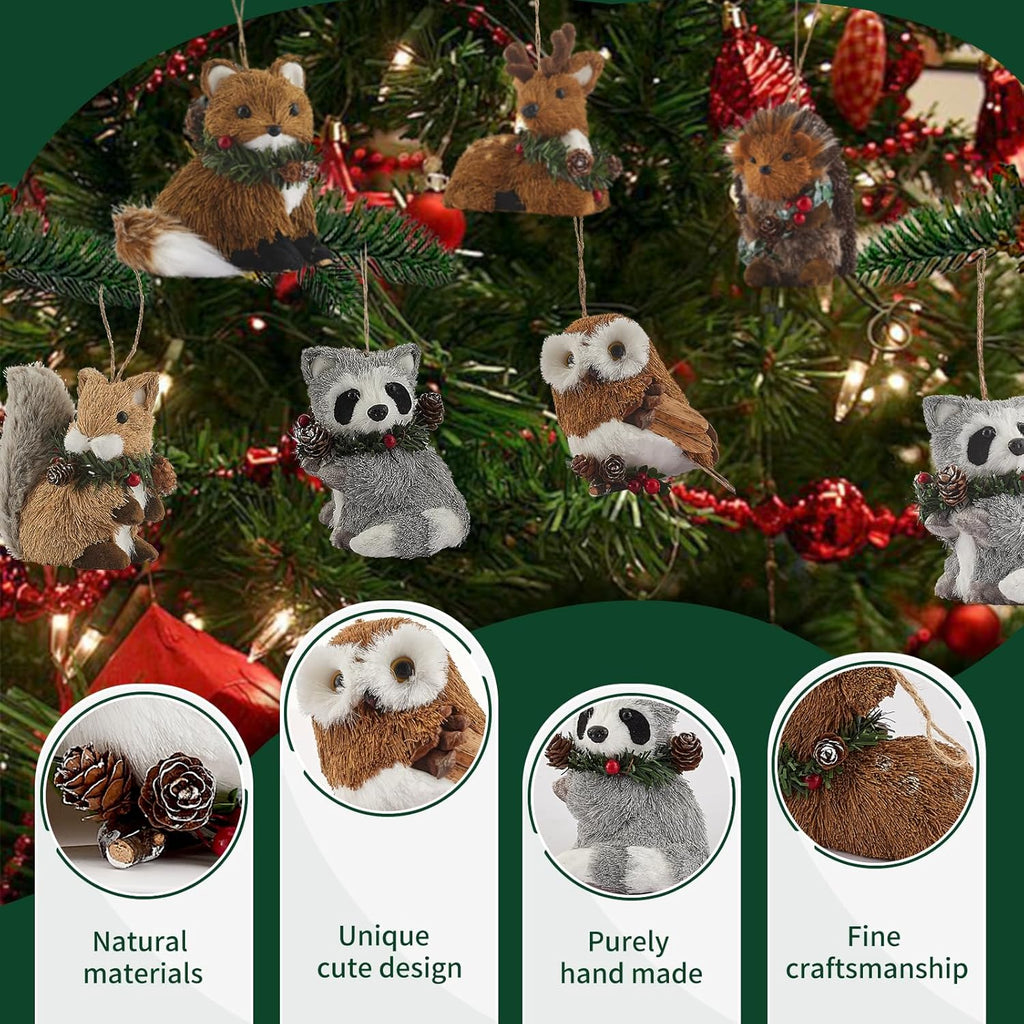 naturevibe Sisal Woodland Animals Christmas Tree Ornaments,Set of 6 Natural Woodland Creatures Christmas Ornaments in Gift Box for Rustic Christmas Tree Decorations or Farmhouse Decor