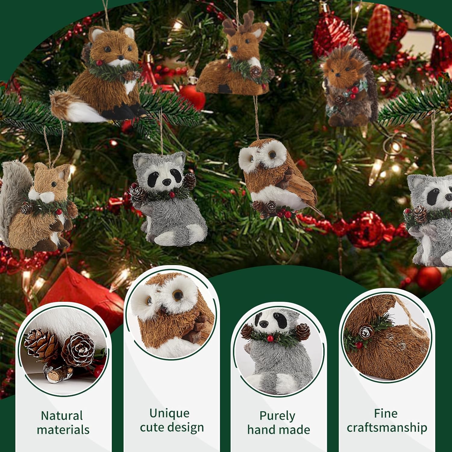 naturevibe Sisal Woodland Animals Christmas Tree Ornaments,Set of 6 Natural Woodland Creatures Christmas Ornaments in Gift Box for Rustic Christmas Tree Decorations or Farmhouse Decor