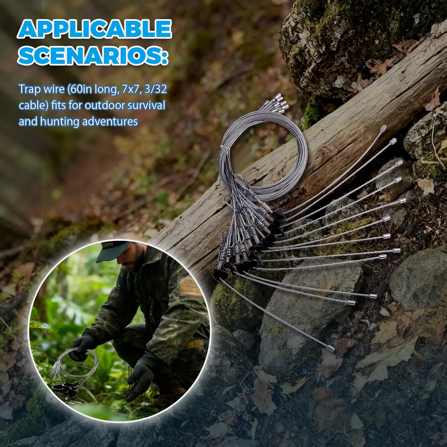 12Pcs Trap Wire (60in Long, 7x7, 3/32 Cable) Fits for Outdoor Survival and Hunting Adventures, Easy to Carry