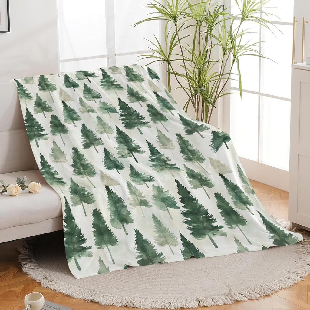 Pines Tree Pattern Throw Blanket Watercolor Green Throw Blankets Gifts for Couch Sofa Bed Stuff Cozy Plush Warm Flannel for Lover Men Women 60"x80"