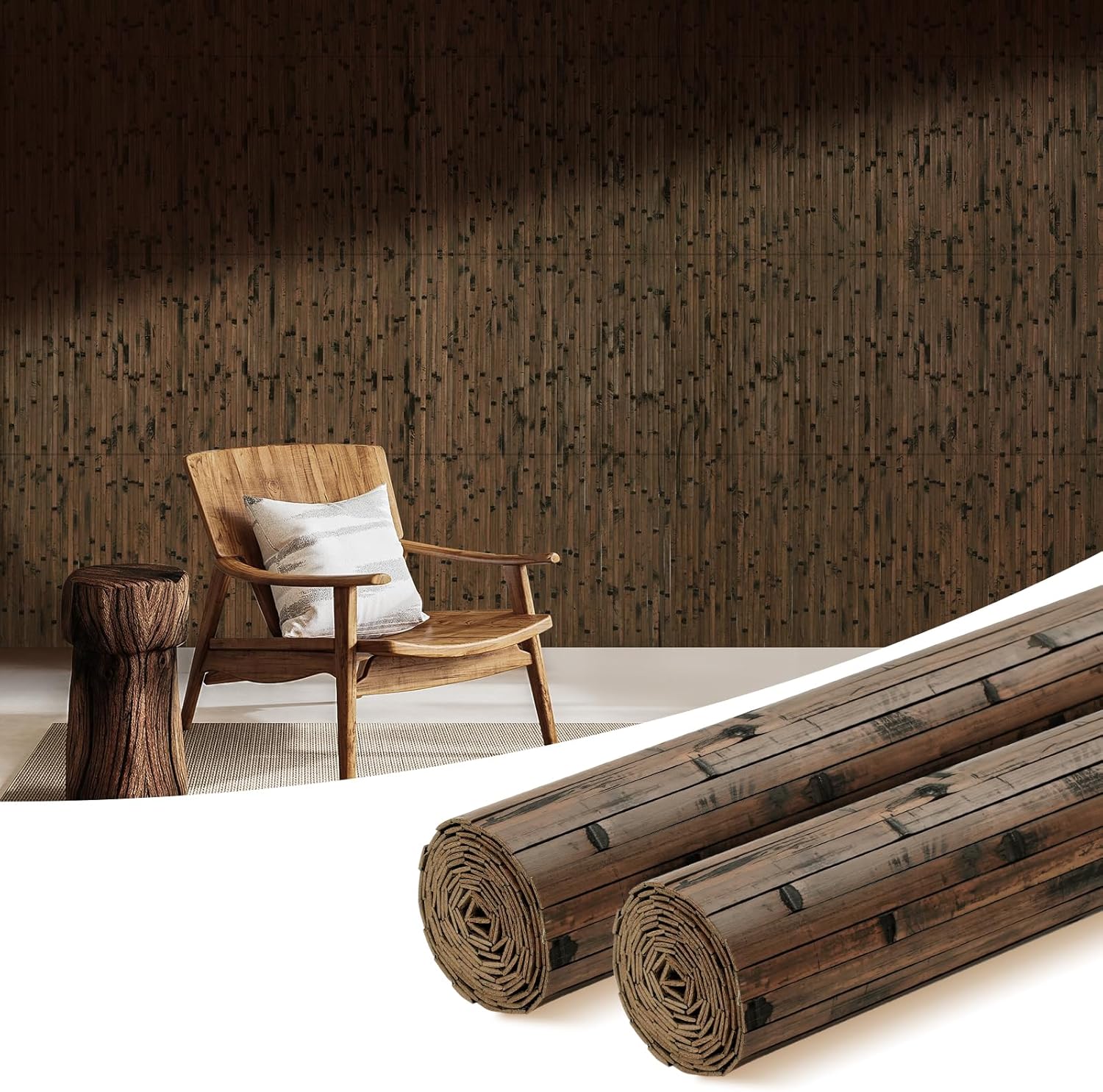 OUZUGIE 2 Pack 96x24 Inch Natural Bamboo Wall Panel – Brown Burned Pole Wrap Paneling for Walls, Ceilings, Cabinets, Furniture – Ideal for Bedroom, Living Room & Office DIY Decor
